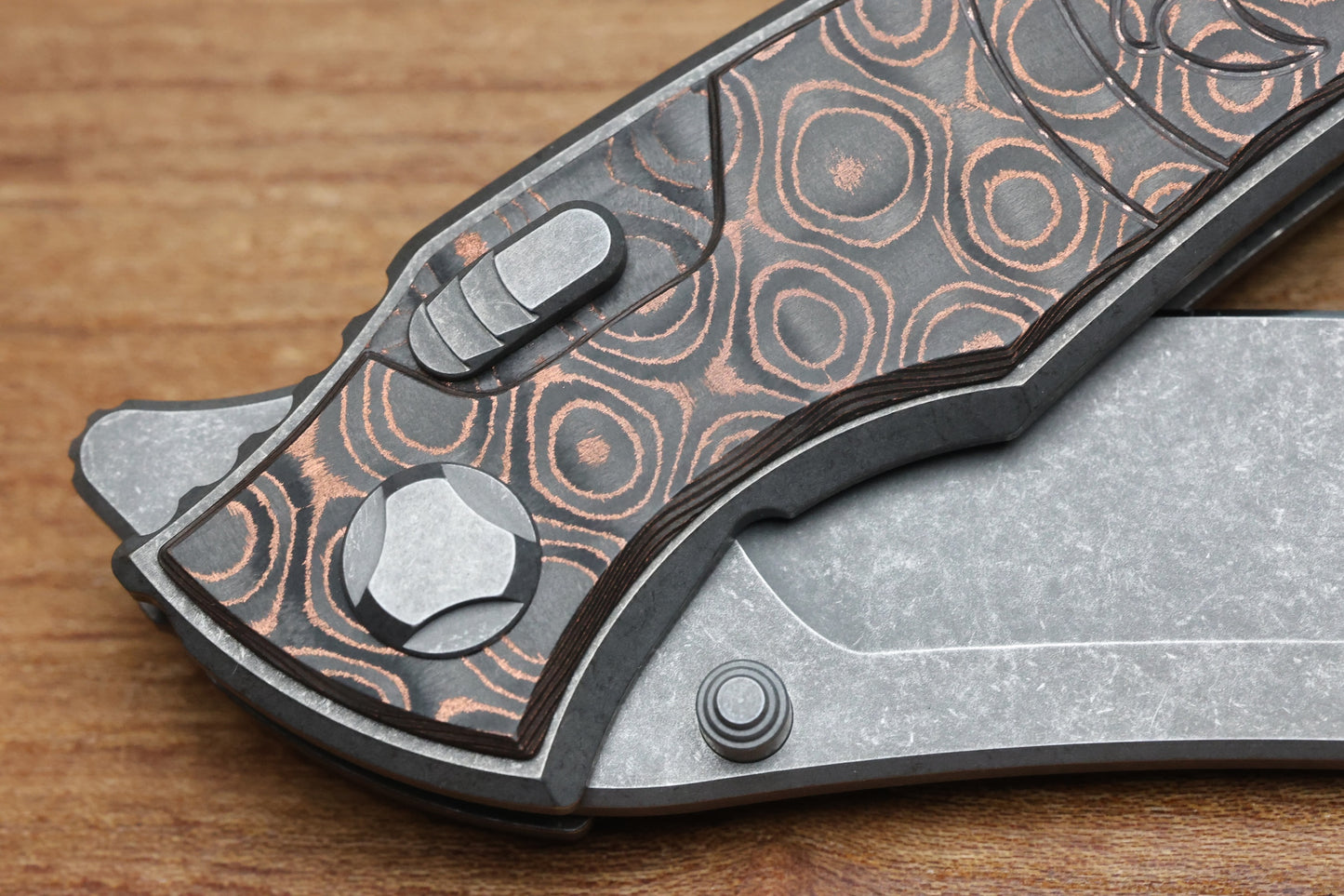 HAWK KNIFE DESIGNS TALON STONEWASHED M390 BLADE, COPPER RAIN DROP FAT CARBON HANDLE OVERLAYS