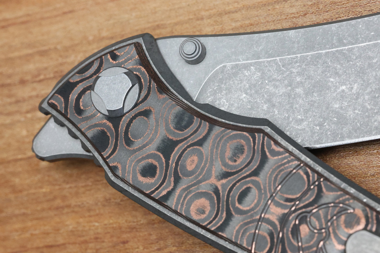 HAWK KNIFE DESIGNS TALON STONEWASHED M390 BLADE, COPPER RAIN DROP FAT CARBON HANDLE OVERLAYS