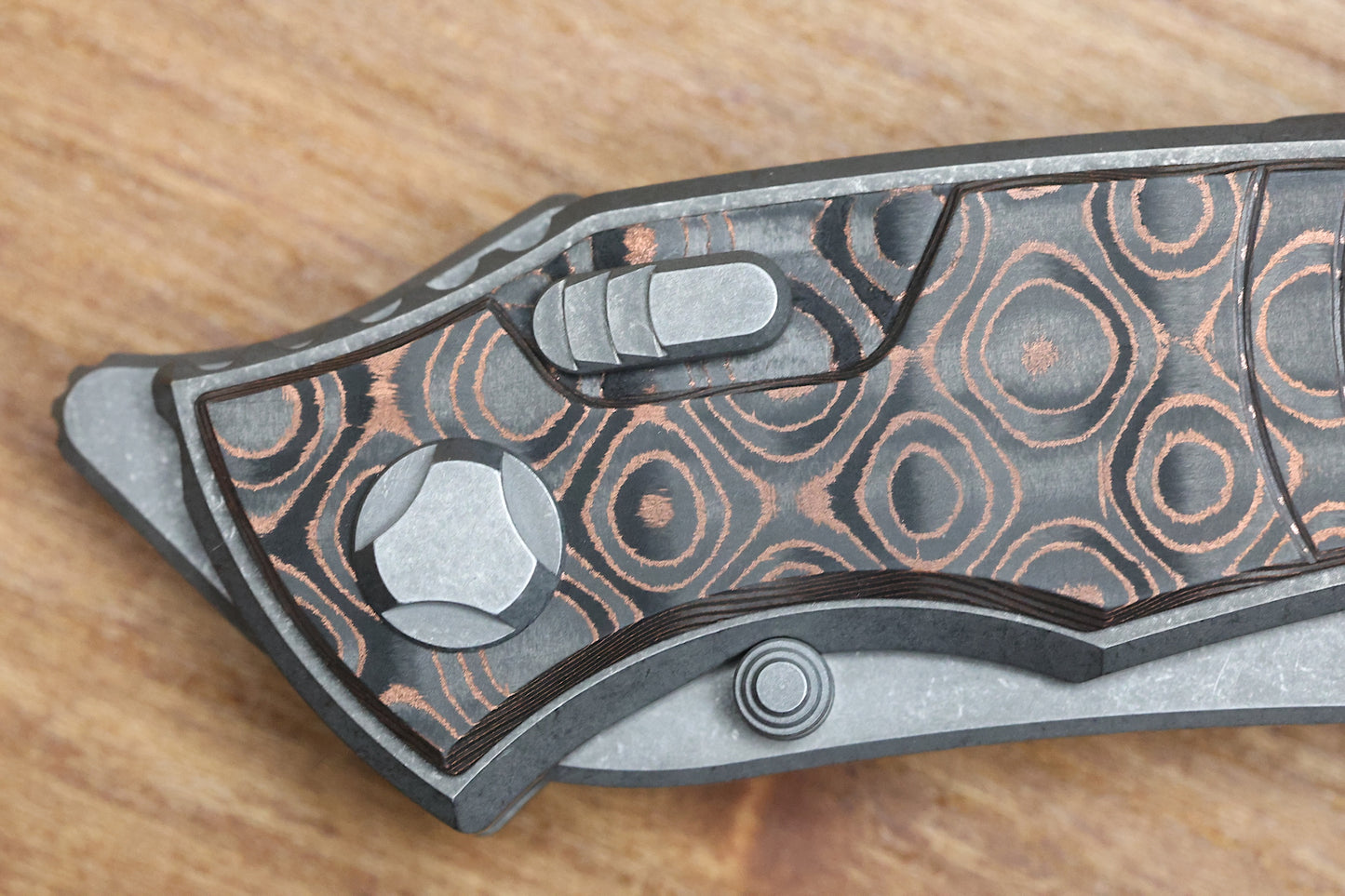 HAWK KNIFE DESIGNS TALON STONEWASHED M390 BLADE, COPPER RAIN DROP FAT CARBON HANDLE OVERLAYS