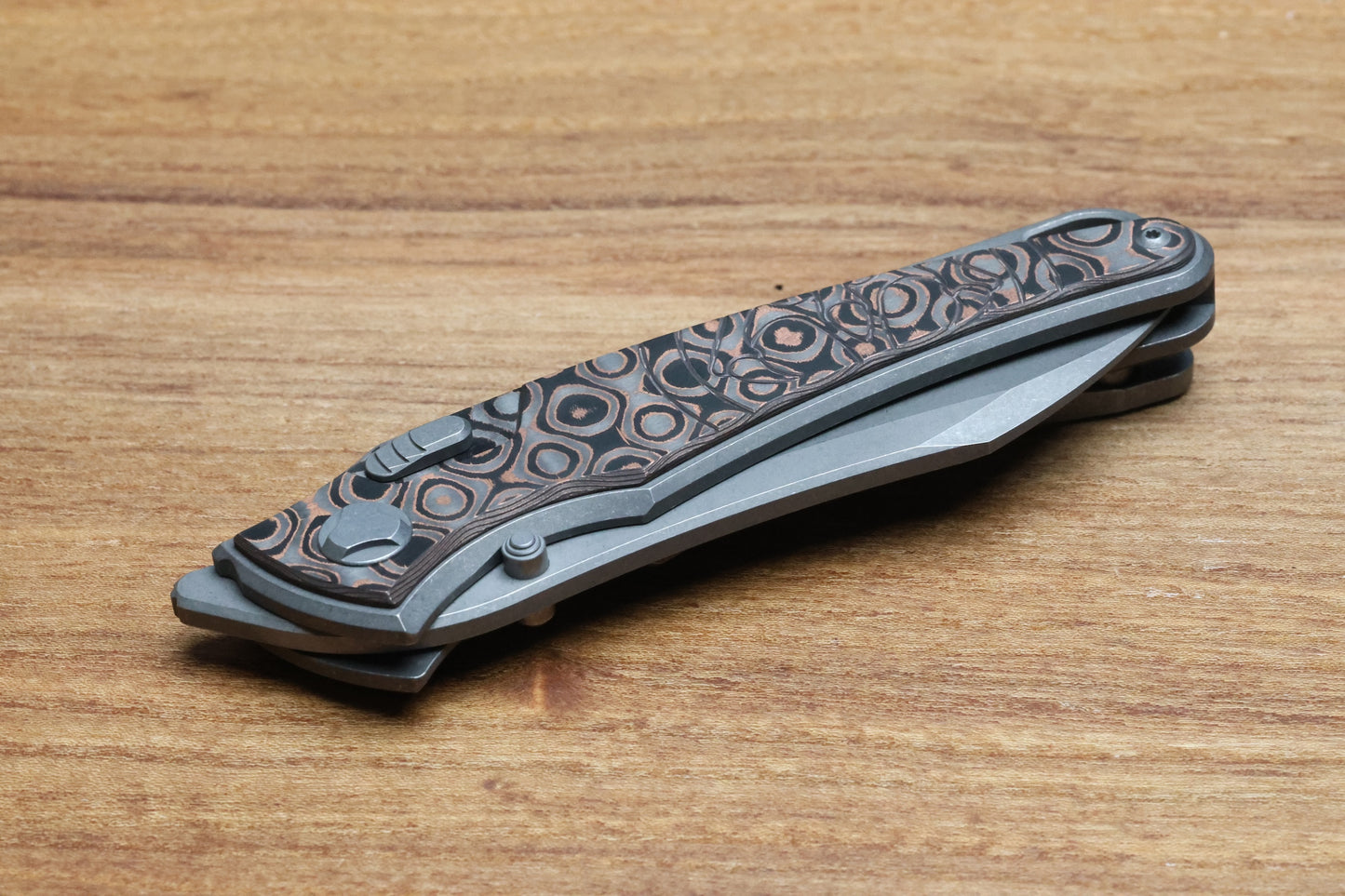 HAWK KNIFE DESIGNS TALON STONEWASHED M390 BLADE, COPPER RAIN DROP FAT CARBON HANDLE OVERLAYS