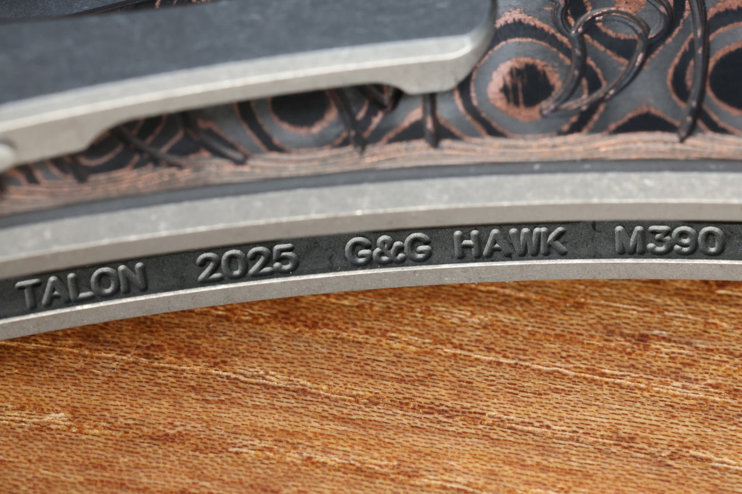 HAWK KNIFE DESIGNS TALON STONEWASHED M390 BLADE, COPPER RAIN DROP FAT CARBON HANDLE OVERLAYS