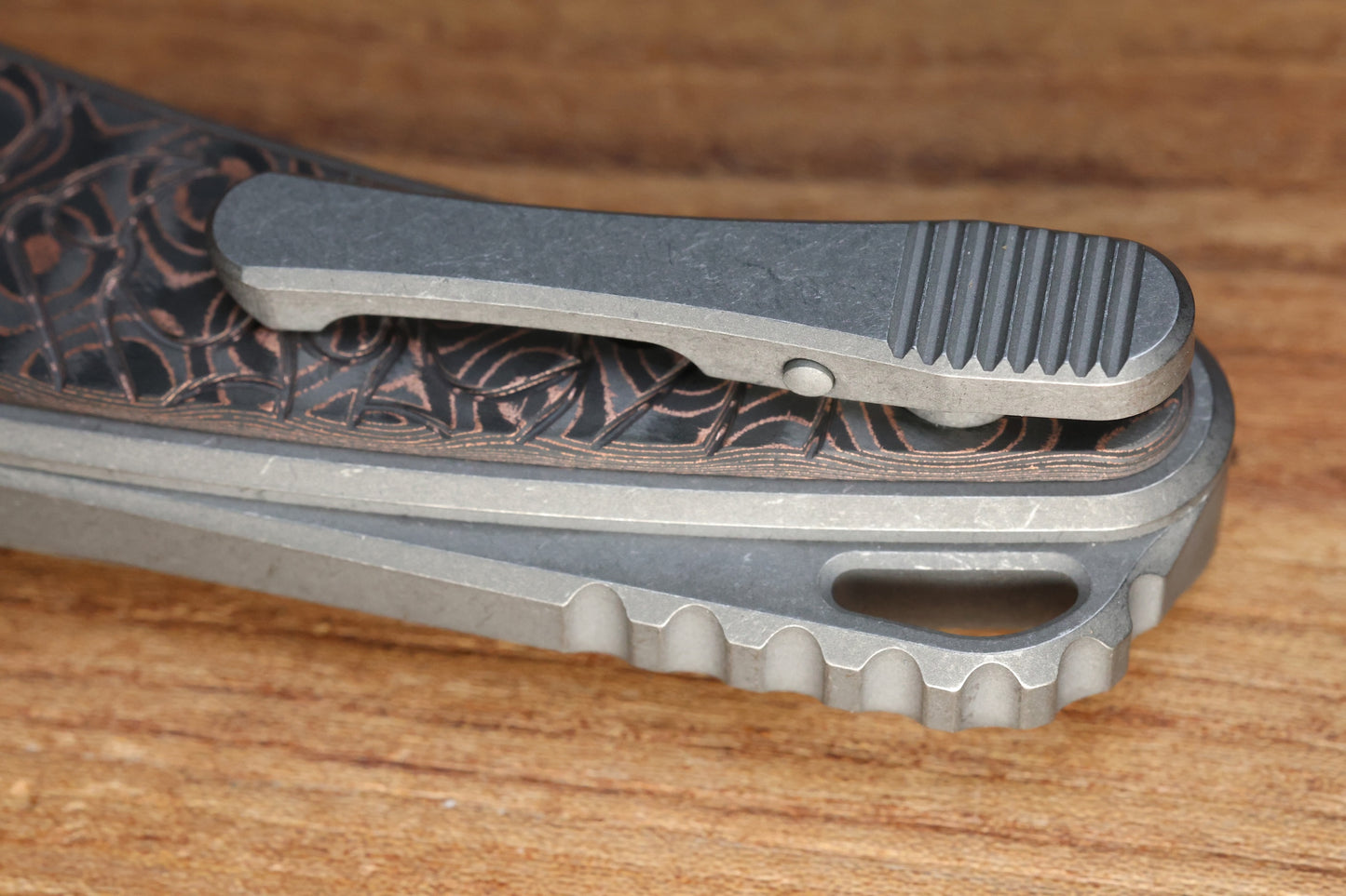 HAWK KNIFE DESIGNS TALON STONEWASHED M390 BLADE, COPPER RAIN DROP FAT CARBON HANDLE OVERLAYS