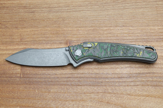 HAWK KNIFE DESIGNS TALON STONEWASHED M390 BLADE, TOXIC STORM FAT CARBON HANDLE OVERLAYS