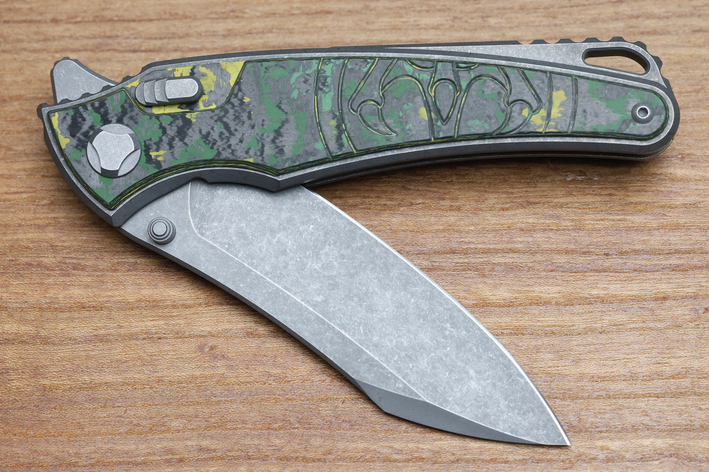 HAWK KNIFE DESIGNS TALON STONEWASHED M390 BLADE, TOXIC STORM FAT CARBON HANDLE OVERLAYS