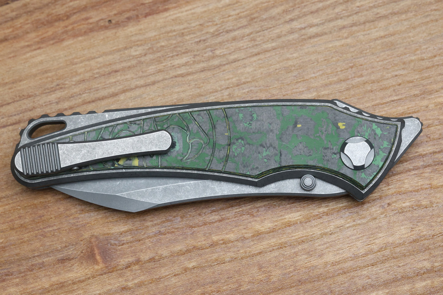 HAWK KNIFE DESIGNS TALON STONEWASHED M390 BLADE, TOXIC STORM FAT CARBON HANDLE OVERLAYS