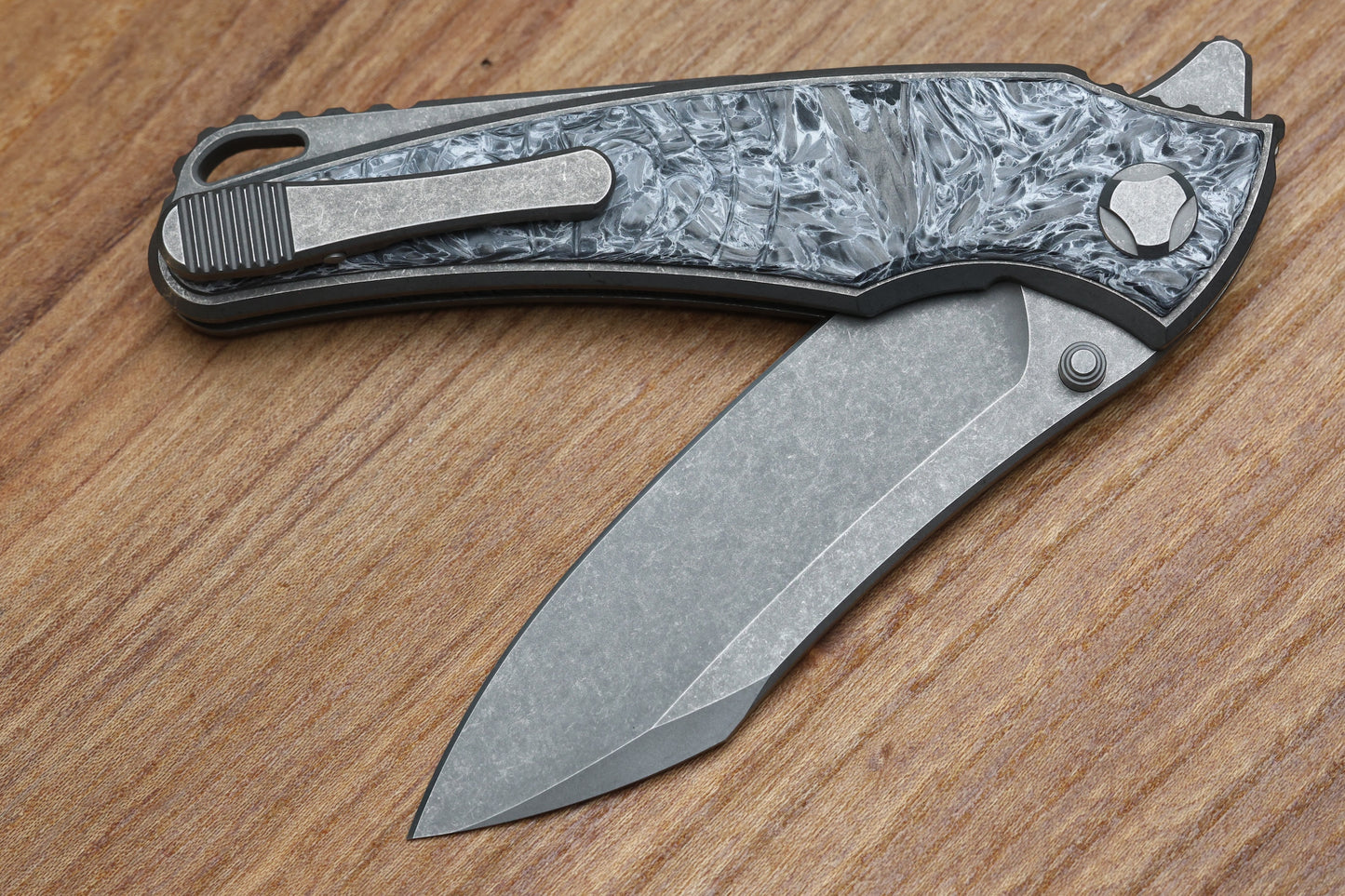 HAWK KNIFE DESIGNS TALON STONEWASHED M390 BLADE, POLAR FAT CARBON HANDLE OVERLAYS
