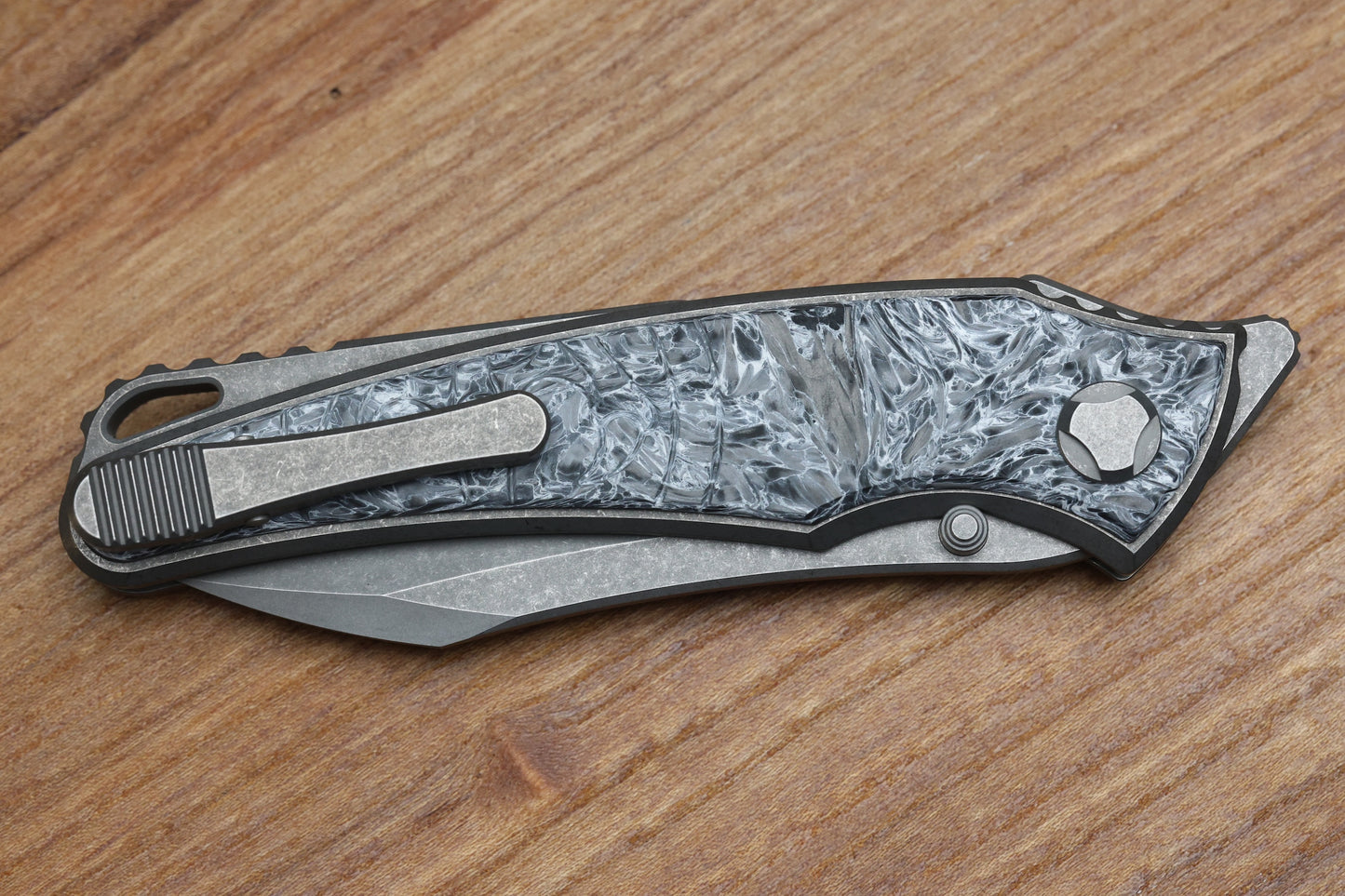 HAWK KNIFE DESIGNS TALON STONEWASHED M390 BLADE, POLAR FAT CARBON HANDLE OVERLAYS