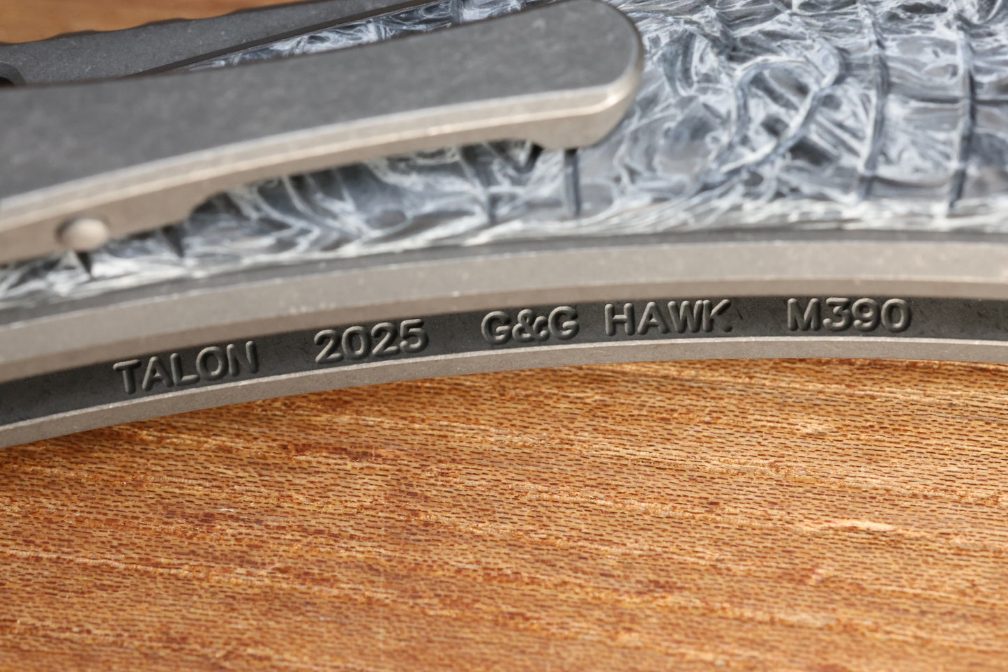 HAWK KNIFE DESIGNS TALON STONEWASHED M390 BLADE, POLAR FAT CARBON HANDLE OVERLAYS