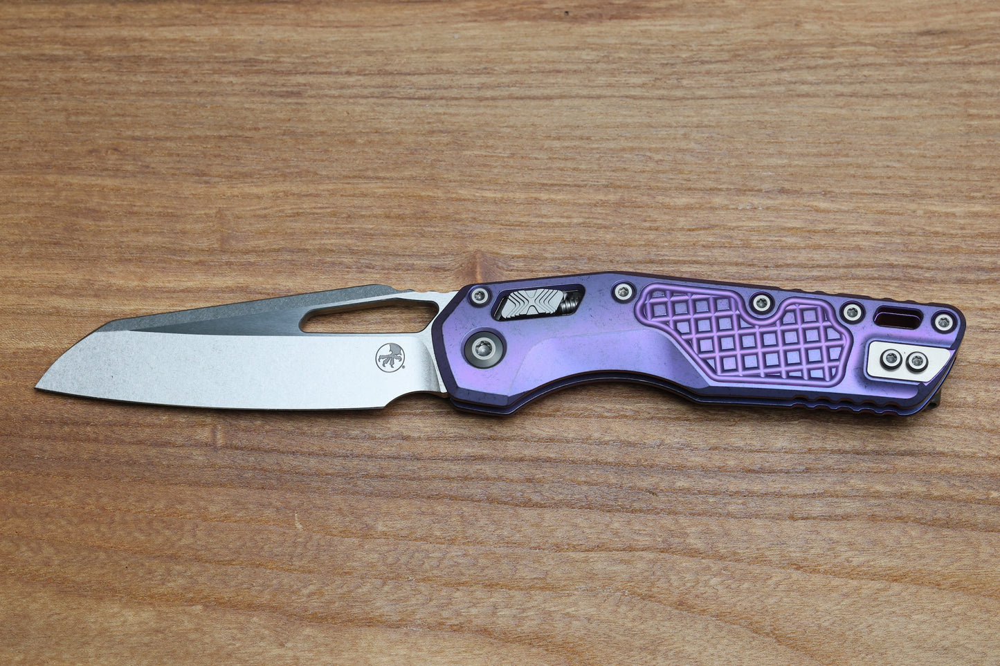 MICROTECH MARFIONE SELECT MSI RAM LOK PURPLE HAZE FRAG TITANIUM HANDLES W/ PURPLE ACCENTS & STONEWASH M390MK 210-10FRMS5