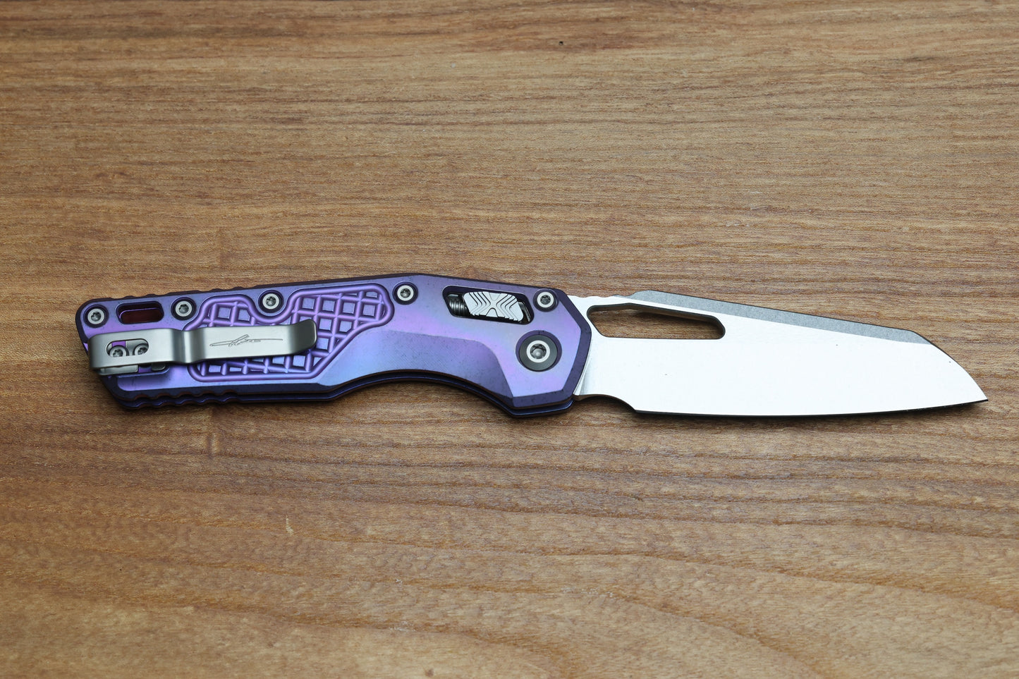 MICROTECH MARFIONE SELECT MSI RAM LOK PURPLE HAZE FRAG TITANIUM HANDLES W/ PURPLE ACCENTS & STONEWASH M390MK 210-10FRMS5