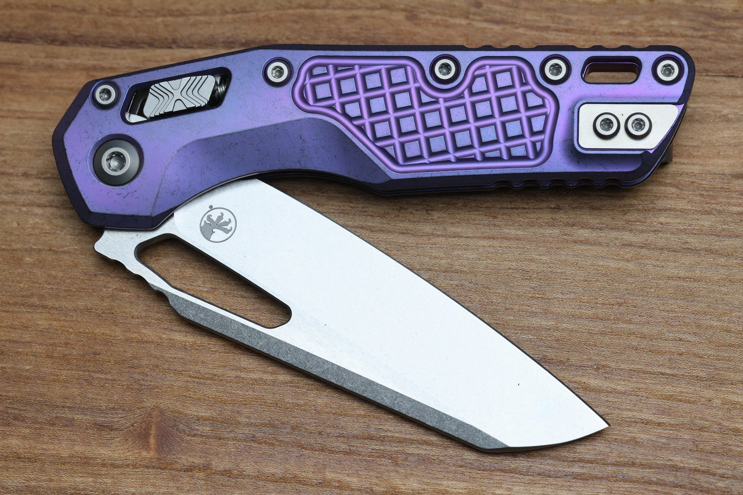 MICROTECH MARFIONE SELECT MSI RAM LOK PURPLE HAZE FRAG TITANIUM HANDLES W/ PURPLE ACCENTS & STONEWASH M390MK 210-10FRMS5