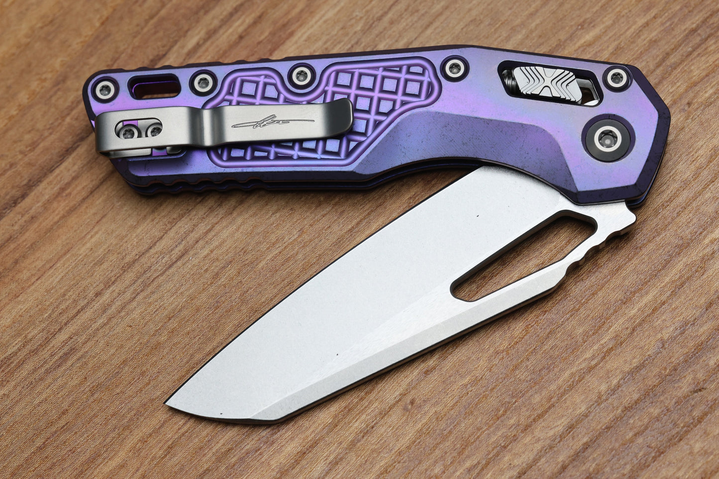 MICROTECH MARFIONE SELECT MSI RAM LOK PURPLE HAZE FRAG TITANIUM HANDLES W/ PURPLE ACCENTS & STONEWASH M390MK 210-10FRMS5