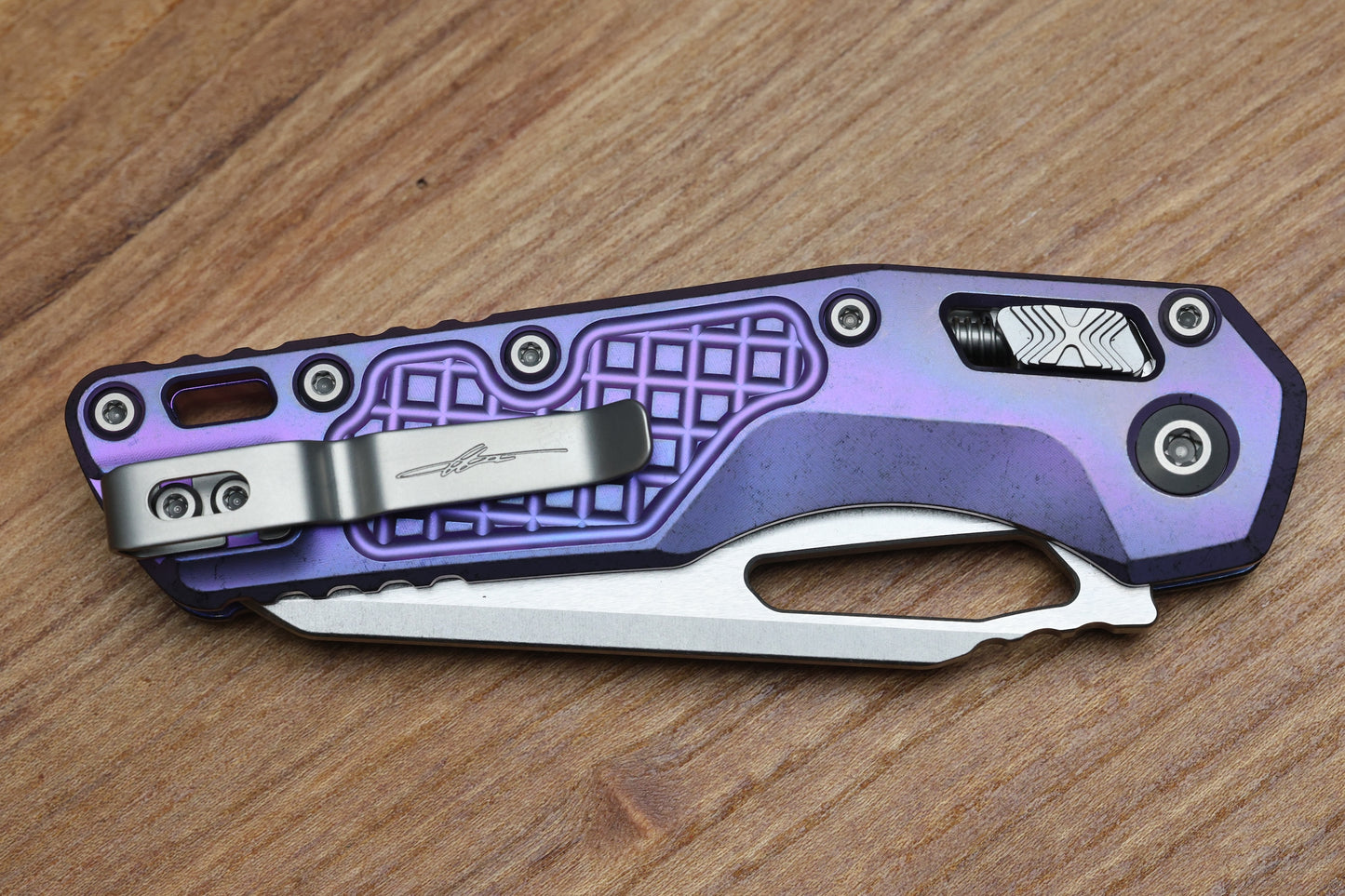 MICROTECH MARFIONE SELECT MSI RAM LOK PURPLE HAZE FRAG TITANIUM HANDLES W/ PURPLE ACCENTS & STONEWASH M390MK 210-10FRMS5