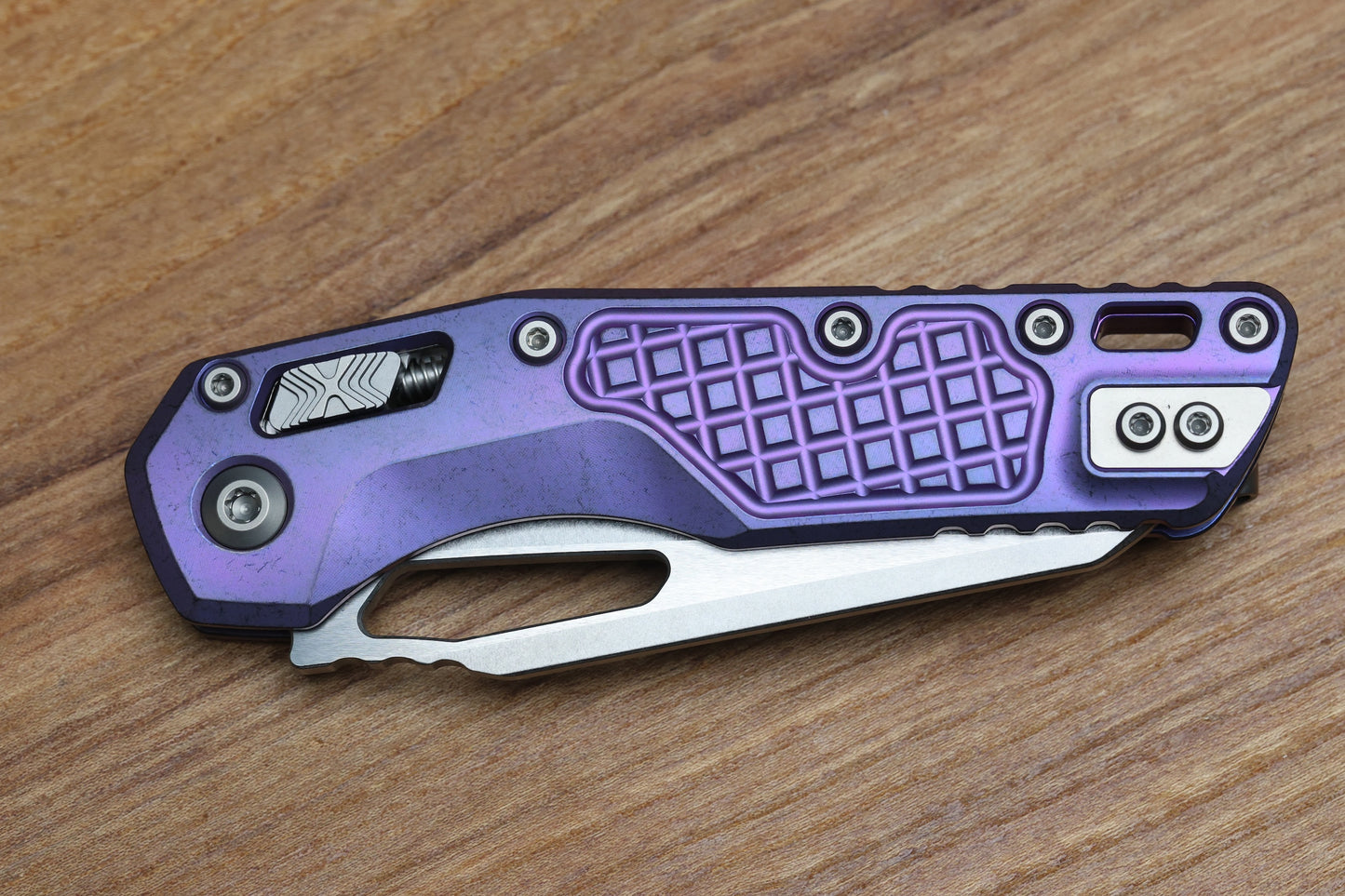 MICROTECH MARFIONE SELECT MSI RAM LOK PURPLE HAZE FRAG TITANIUM HANDLES W/ PURPLE ACCENTS & STONEWASH M390MK 210-10FRMS5