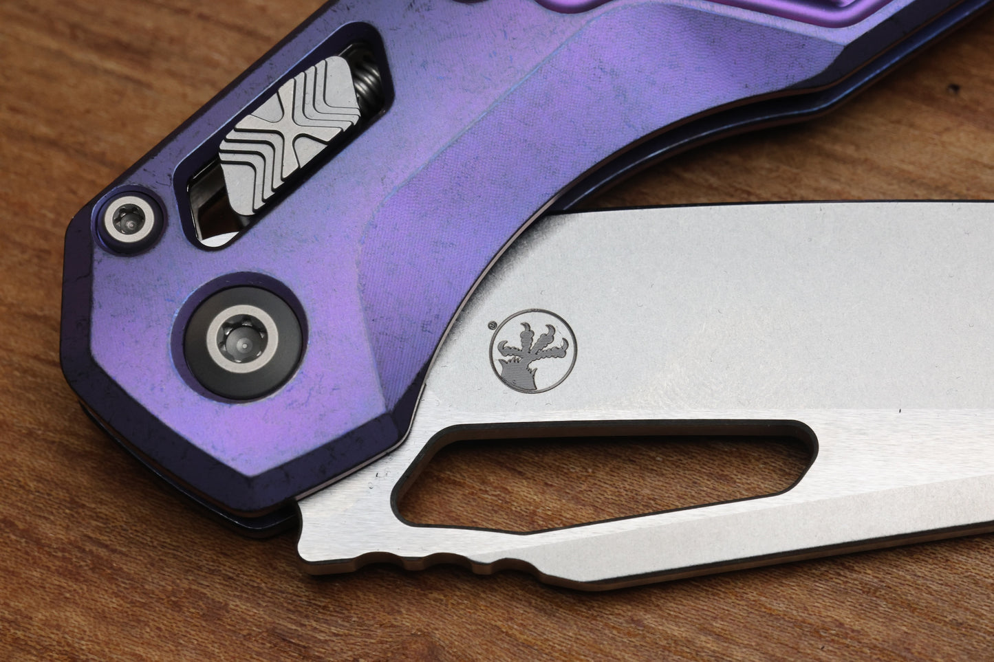 MICROTECH MARFIONE SELECT MSI RAM LOK PURPLE HAZE FRAG TITANIUM HANDLES W/ PURPLE ACCENTS & STONEWASH M390MK 210-10FRMS5