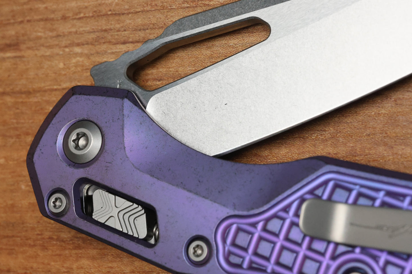 MICROTECH MARFIONE SELECT MSI RAM LOK PURPLE HAZE FRAG TITANIUM HANDLES W/ PURPLE ACCENTS & STONEWASH M390MK 210-10FRMS5