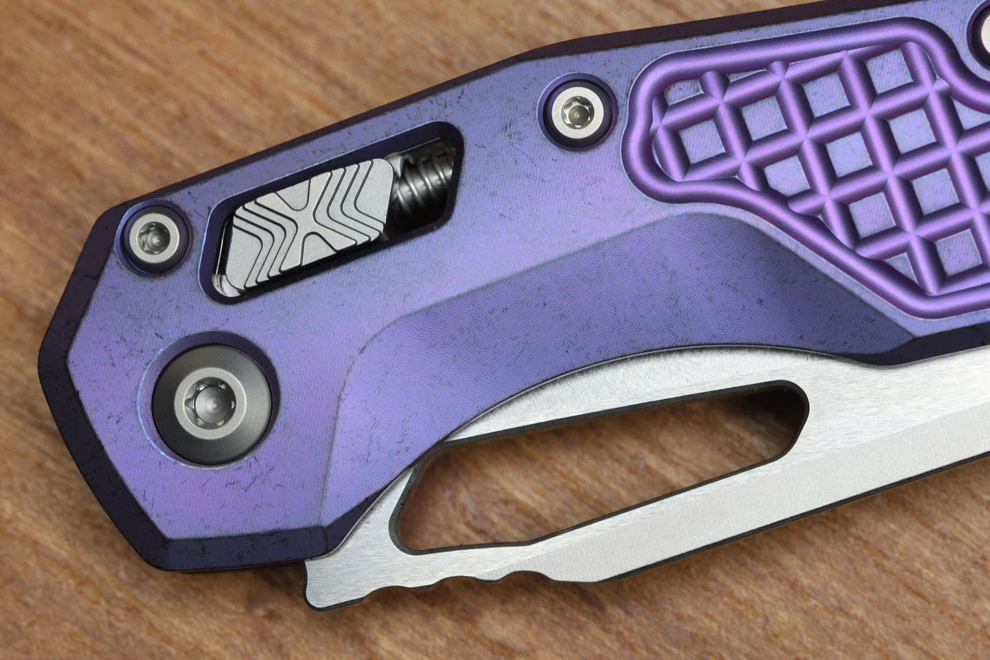 MICROTECH MARFIONE SELECT MSI RAM LOK PURPLE HAZE FRAG TITANIUM HANDLES W/ PURPLE ACCENTS & STONEWASH M390MK 210-10FRMS5