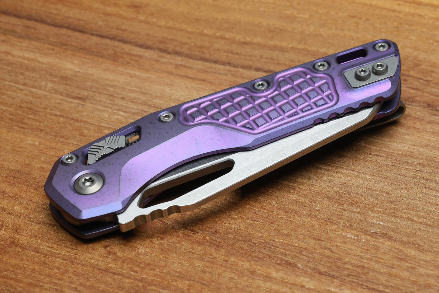 MICROTECH MARFIONE SELECT MSI RAM LOK PURPLE HAZE FRAG TITANIUM HANDLES W/ PURPLE ACCENTS & STONEWASH M390MK 210-10FRMS5
