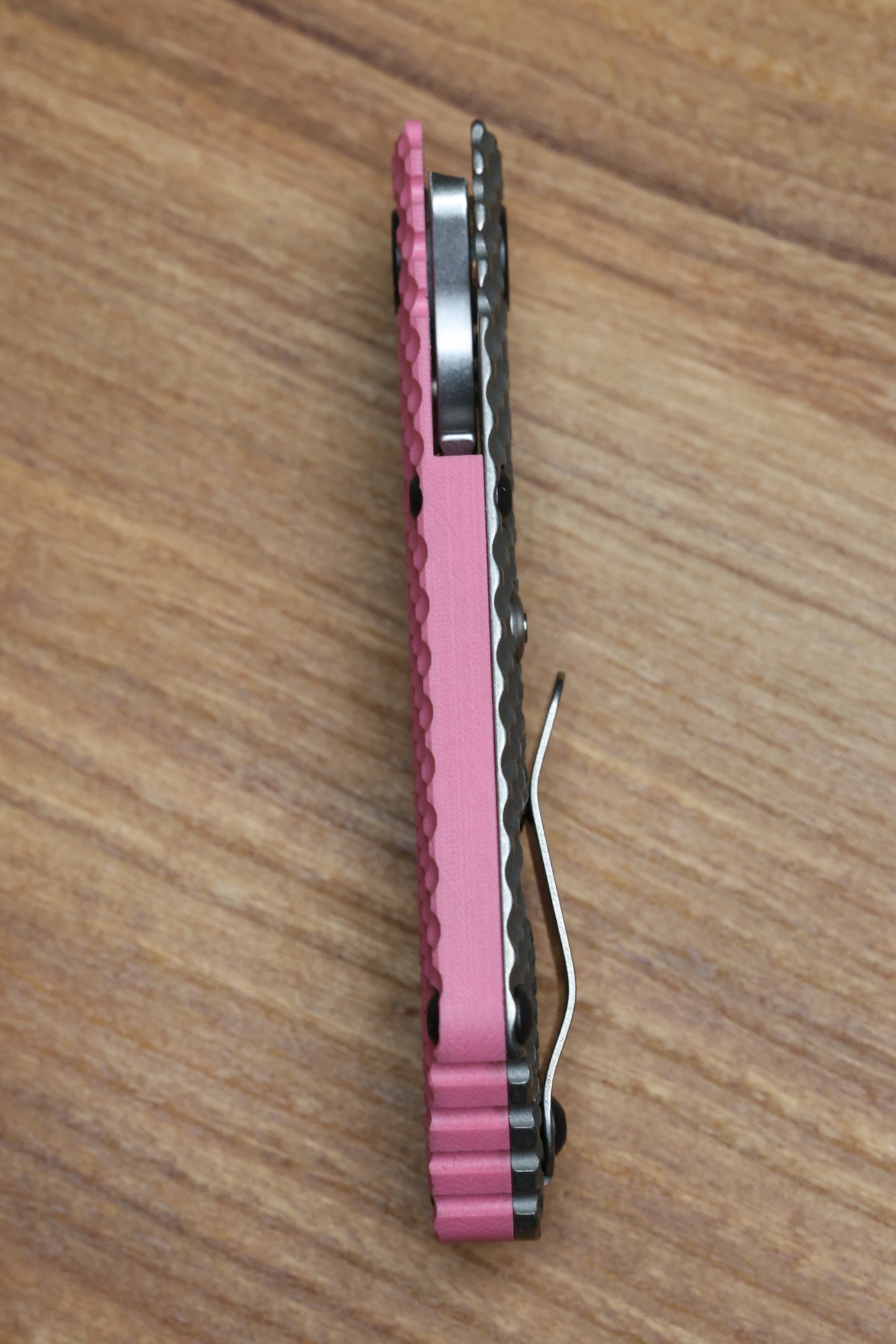 STRIDER KNIVES SNG TWO-TONE SATIN/ STONEWASHED S30V TANTO BLADE, PINK G10 GUNNER GRIP TOP, STONEWASHED GUNNER GRIP TITANIUM