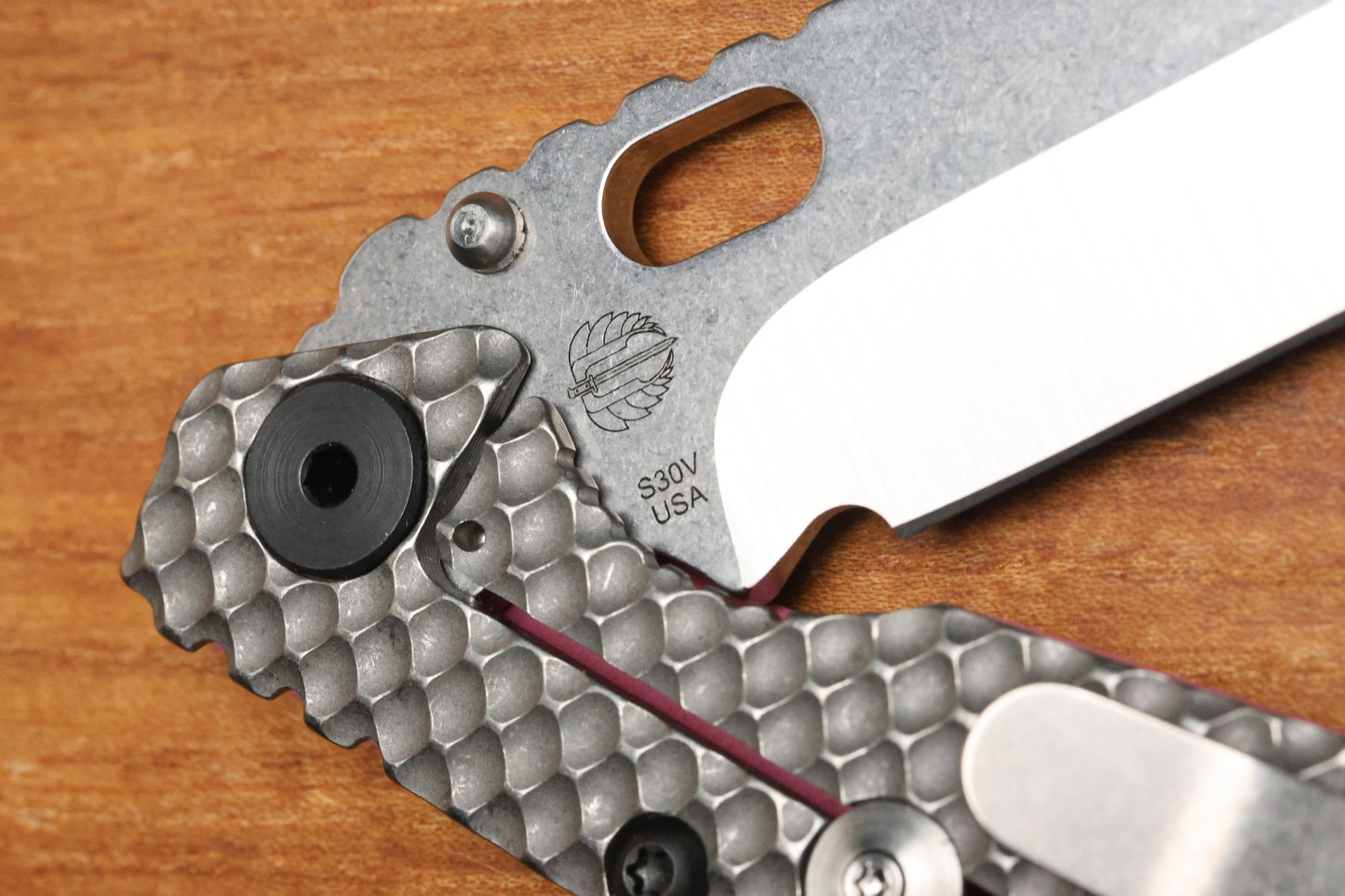 STRIDER KNIVES SNG TWO-TONE SATIN/ STONEWASHED S30V TANTO BLADE, PINK G10 GUNNER GRIP TOP, STONEWASHED GUNNER GRIP TITANIUM