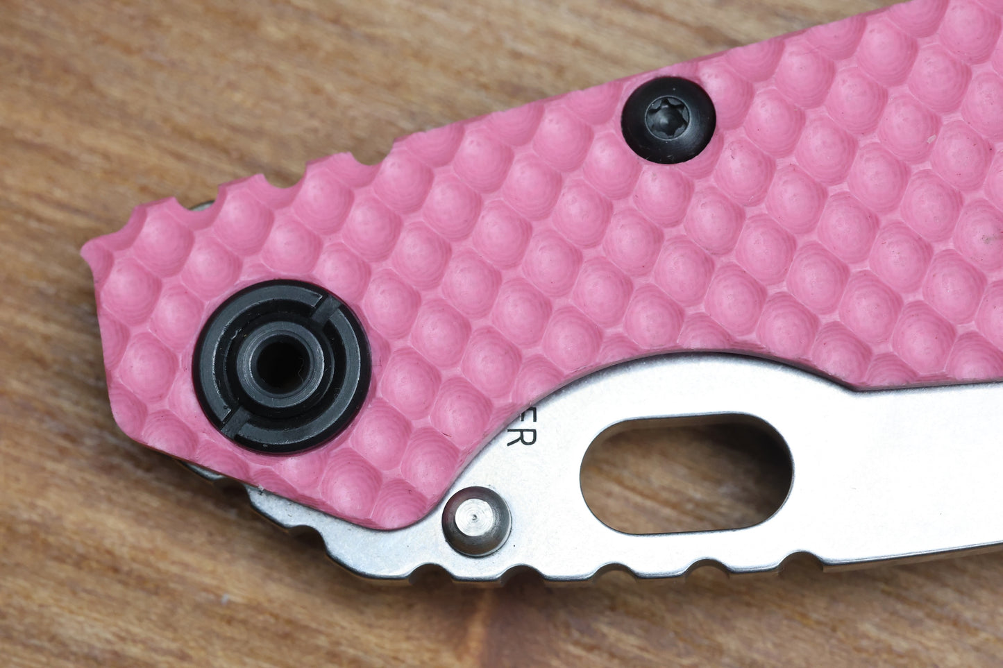 STRIDER KNIVES SNG TWO-TONE SATIN/ STONEWASHED S30V TANTO BLADE, PINK G10 GUNNER GRIP TOP, STONEWASHED GUNNER GRIP TITANIUM