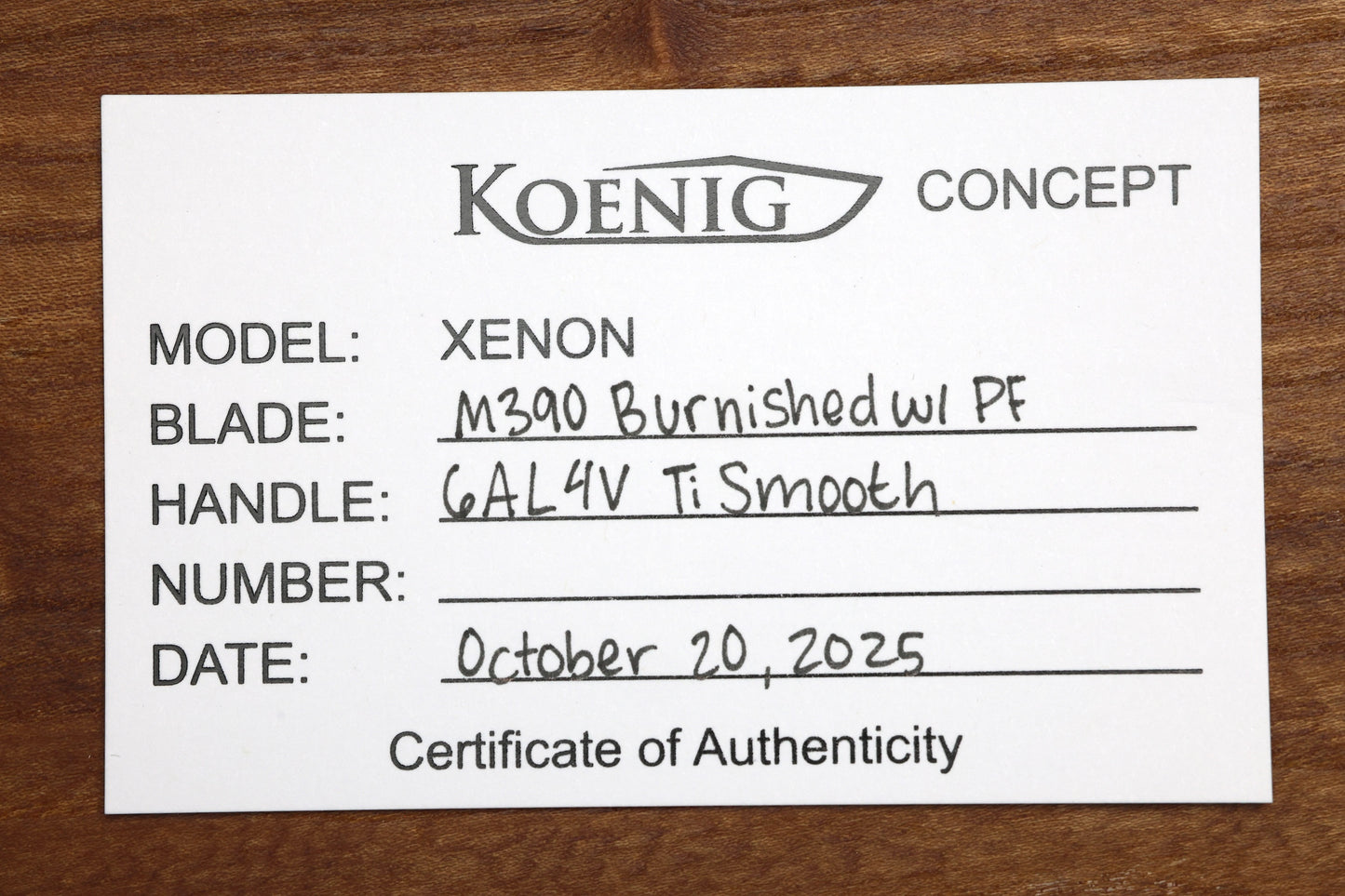 KOENIG KNIVES XENON - SMOOTH TITANIUM HANDLE - SILVER HARDWARE - BURNISHED W/ POLISHED FLATS M390 BLADE