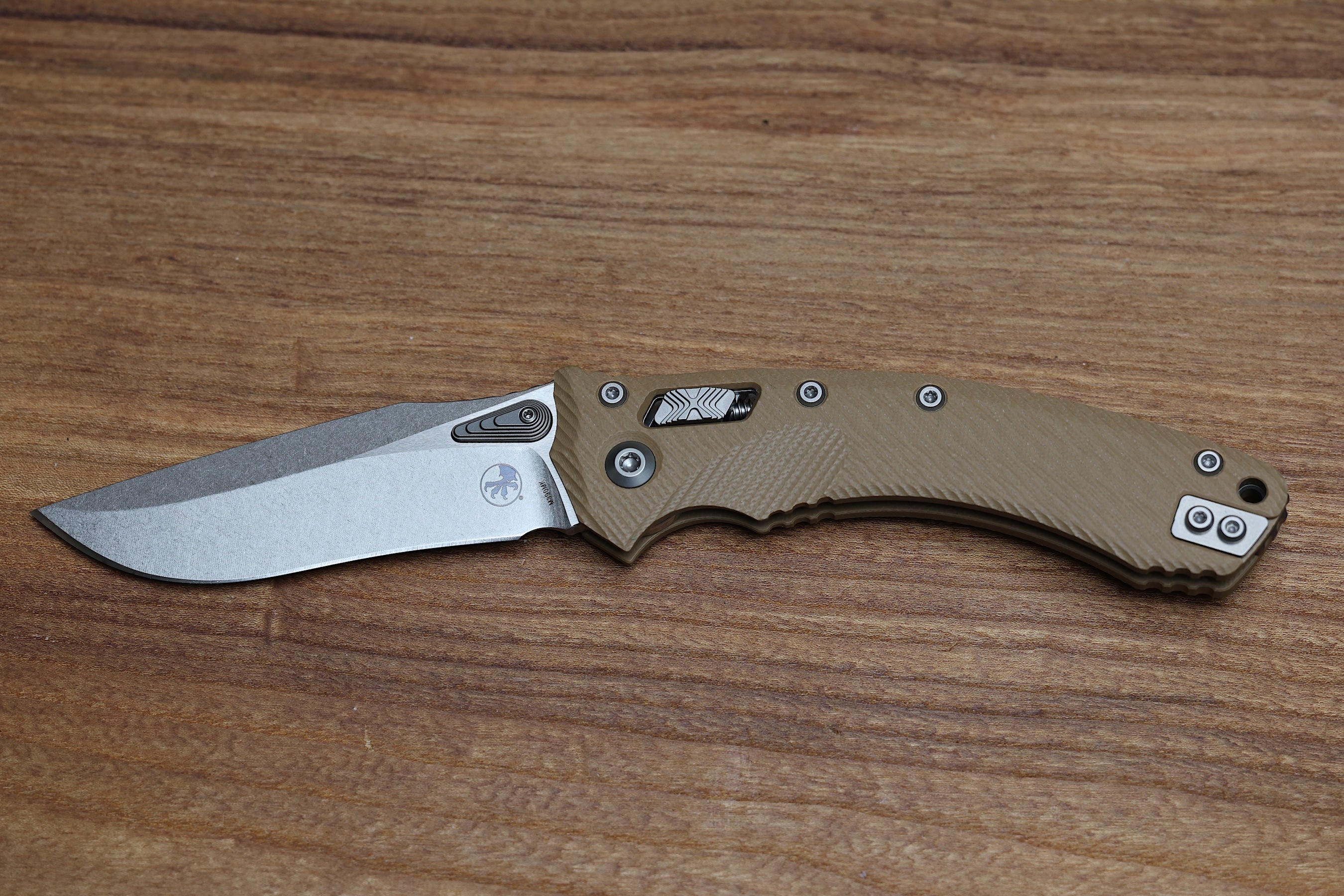 MICROTECH AMPHIBIAN RAM LOK TAN FLUTED G-10 & STONEWASH M390MK 137RL-1 ...