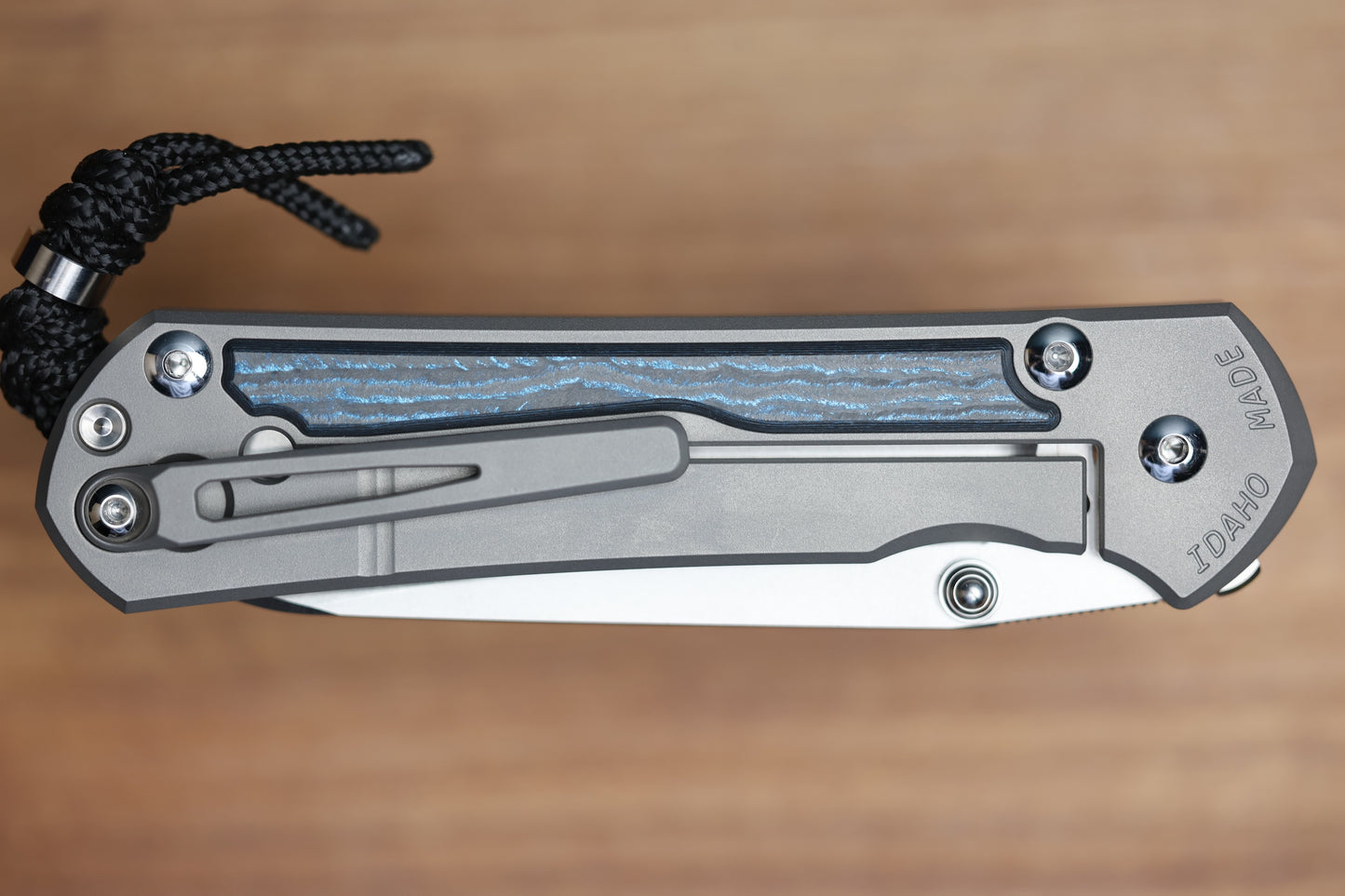 CHRIS REEVE LARGE SEBENZA 31 - OCEAN BLUE CARBOTI INLAY - INSINGO CPM MAGNACUT BLADE - MIM CLIP - SILVER DOUBLE THUMB LUGS