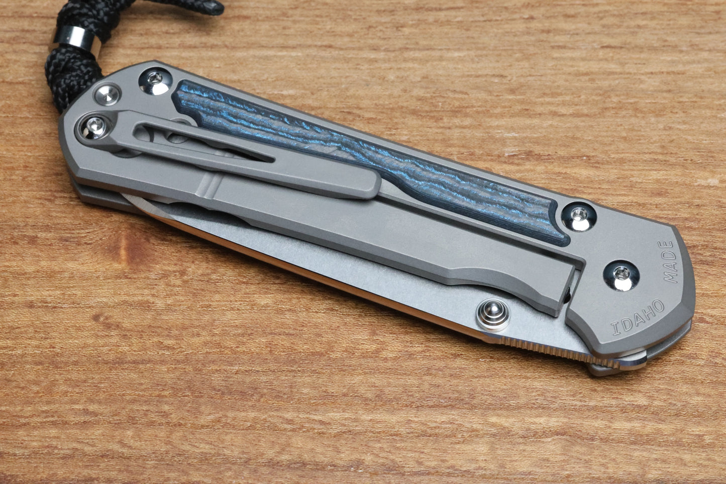 CHRIS REEVE LARGE SEBENZA 31 - OCEAN BLUE CARBOTI INLAY - INSINGO CPM MAGNACUT BLADE - MIM CLIP - SILVER DOUBLE THUMB LUGS