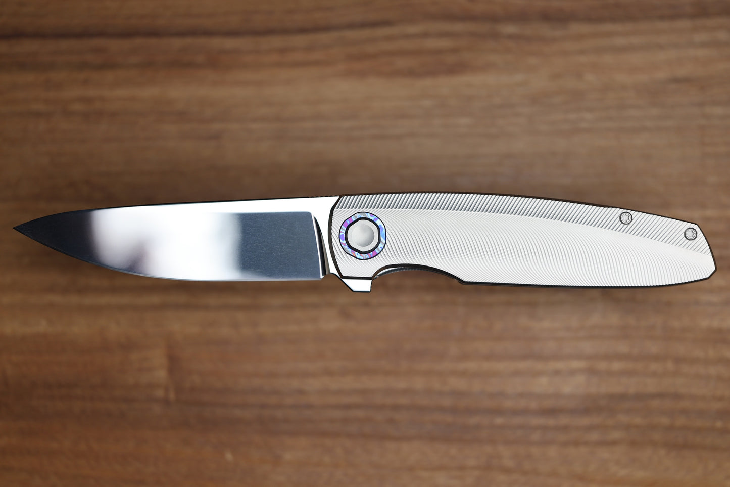 HOLT BLADEWORKS OUTLAW W/TITANIUM QUILL BURNISHED HANDLES & BOHLER M390, NEAR MIRROR #160