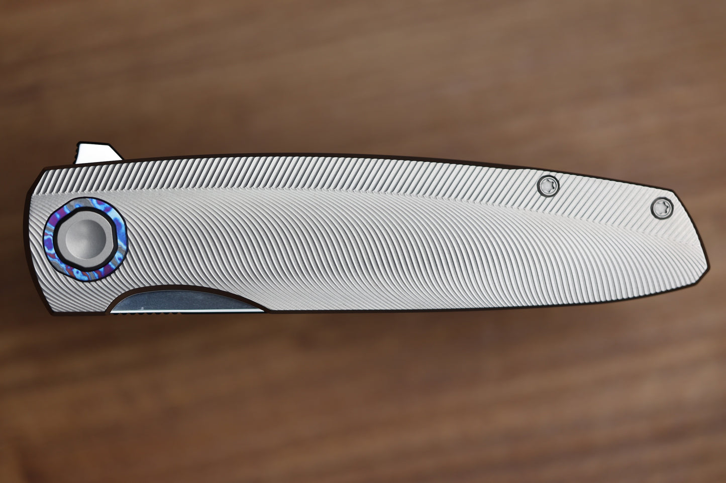 HOLT BLADEWORKS OUTLAW W/TITANIUM QUILL BURNISHED HANDLES & BOHLER M390, NEAR MIRROR #160