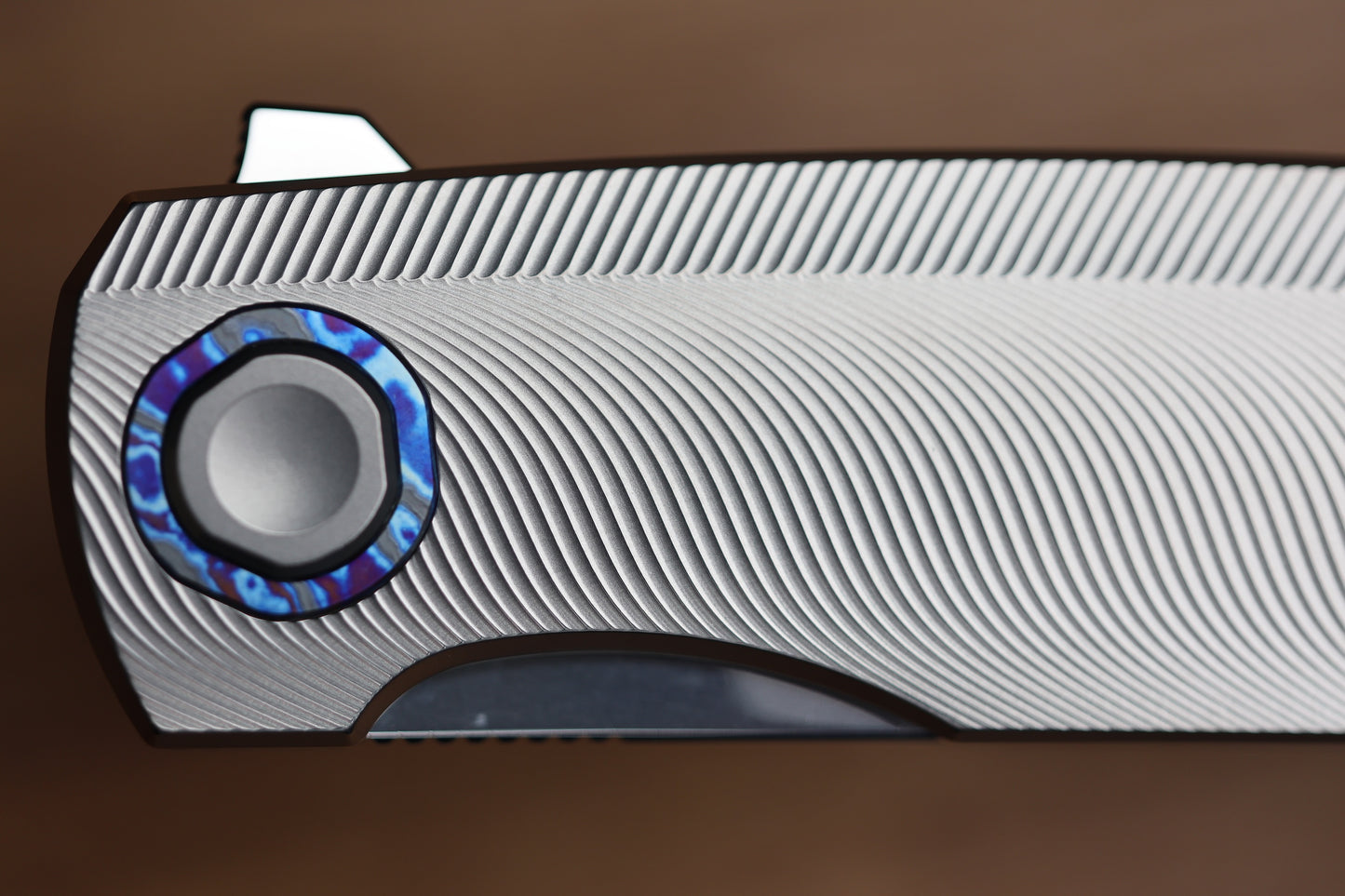 HOLT BLADEWORKS OUTLAW W/TITANIUM QUILL BURNISHED HANDLES & BOHLER M390, NEAR MIRROR #160
