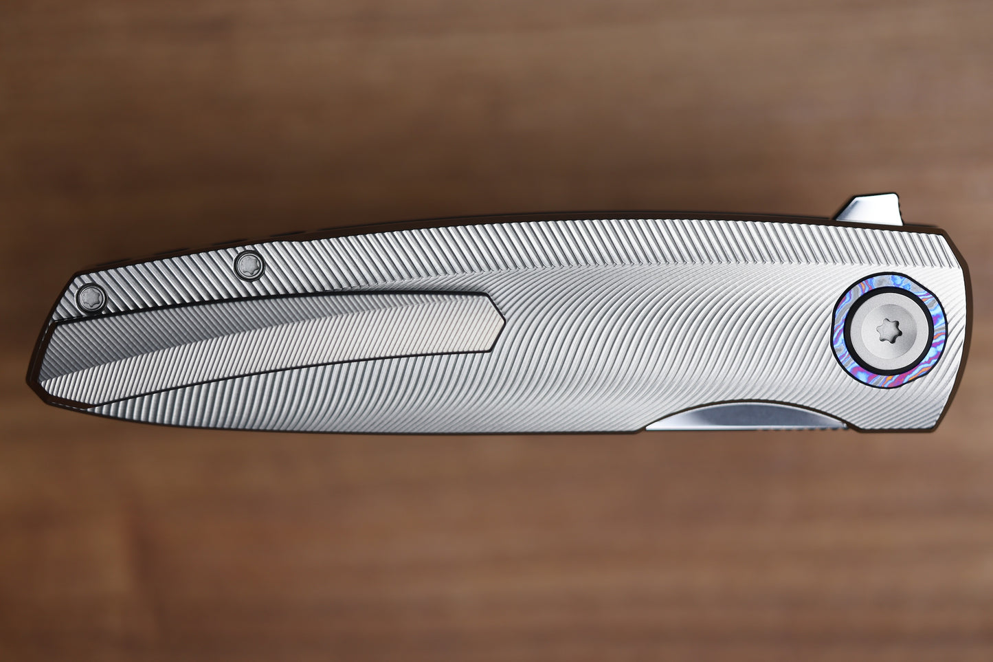 HOLT BLADEWORKS OUTLAW W/TITANIUM QUILL BURNISHED HANDLES & BOHLER M390, NEAR MIRROR #160