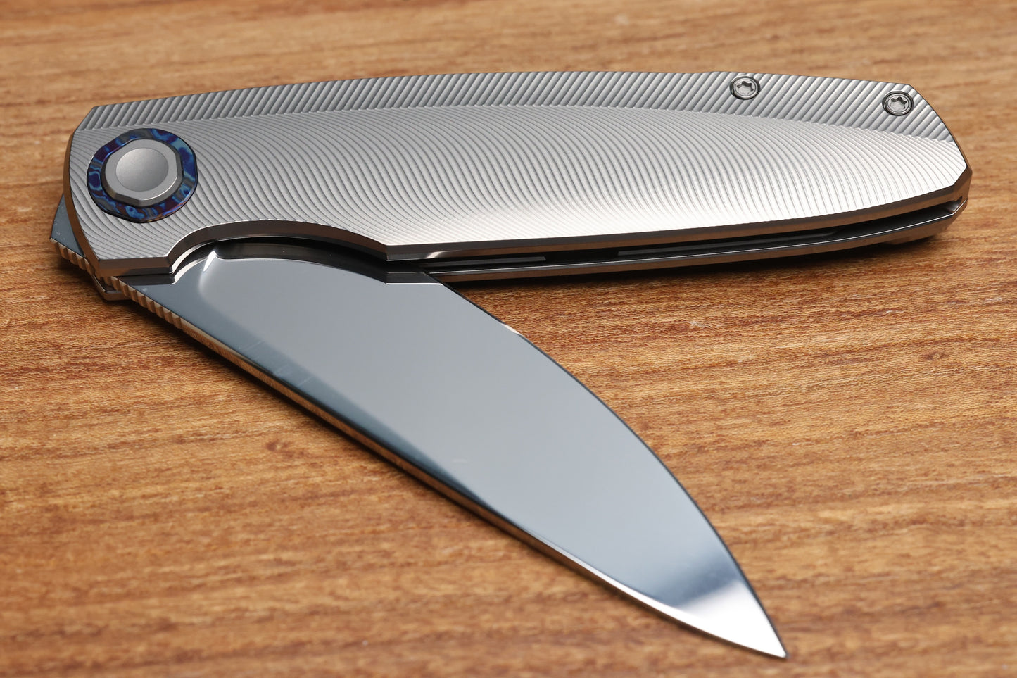 HOLT BLADEWORKS OUTLAW W/TITANIUM QUILL BURNISHED HANDLES & BOHLER M390, NEAR MIRROR #160