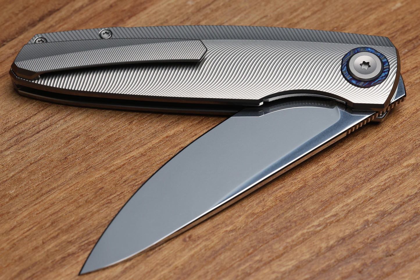 HOLT BLADEWORKS OUTLAW W/TITANIUM QUILL BURNISHED HANDLES & BOHLER M390, NEAR MIRROR #160