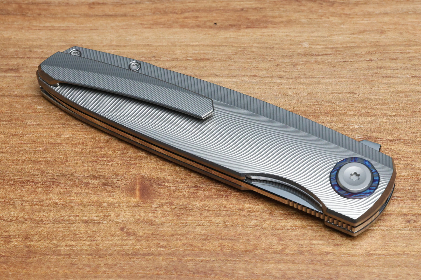 HOLT BLADEWORKS OUTLAW W/TITANIUM QUILL BURNISHED HANDLES & BOHLER M390, NEAR MIRROR #160