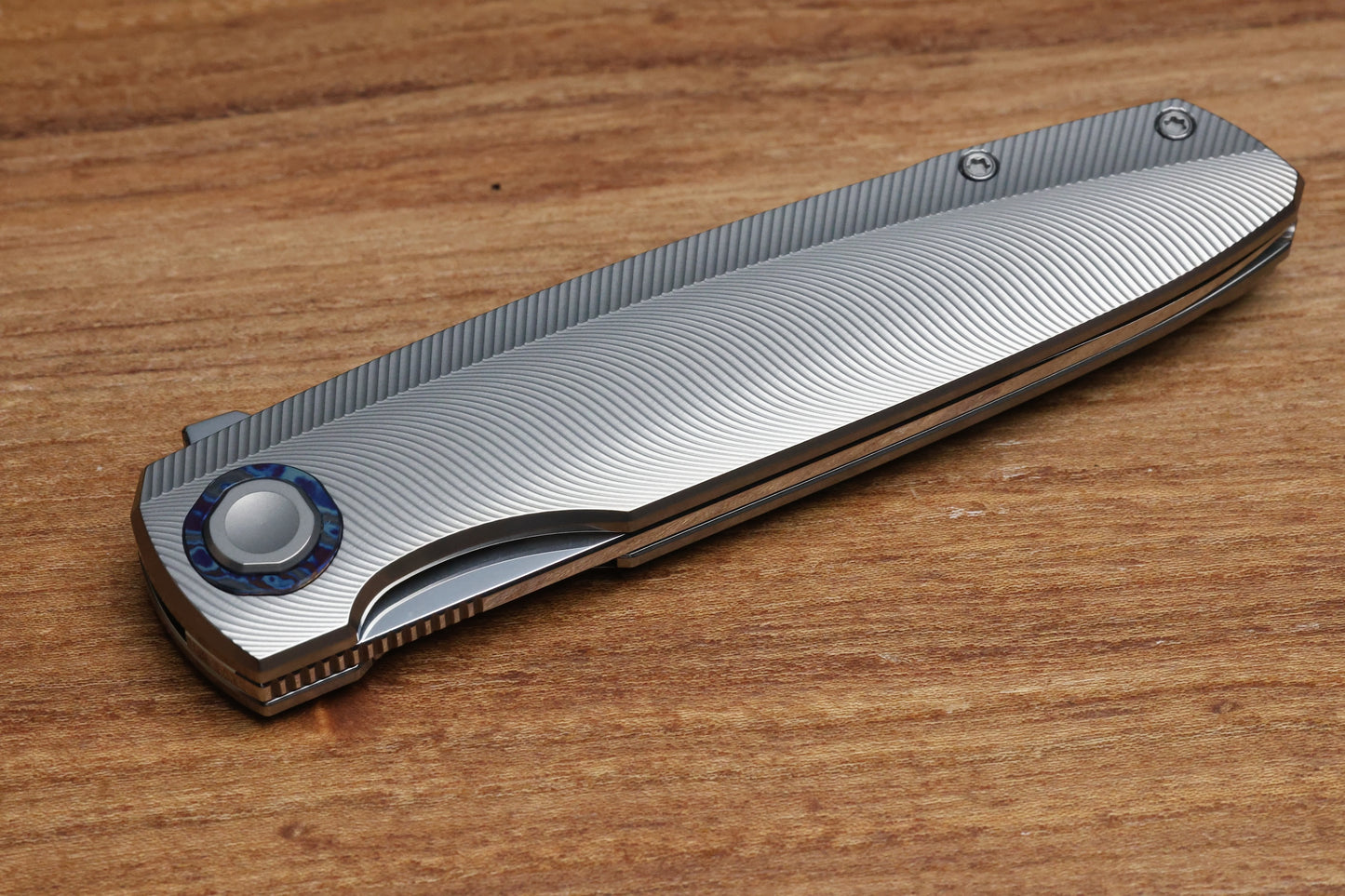 HOLT BLADEWORKS OUTLAW W/TITANIUM QUILL BURNISHED HANDLES & BOHLER M390, NEAR MIRROR #160