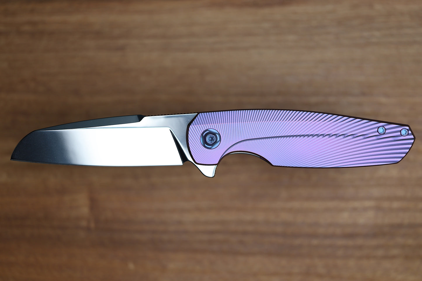 HOLT BLADEWORKS HAPTIC W/ TITANIUM BURNISHED BENT STARBURST HANDLES & BOHLER M390 NEAR MIRROR  #1319