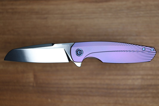 HOLT BLADEWORKS HAPTIC W/ TITANIUM BURNISHED BENT STARBURST HANDLES & BOHLER M390 NEAR MIRROR  #1319