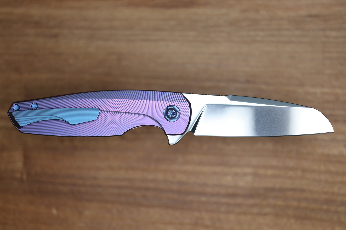 HOLT BLADEWORKS HAPTIC W/ TITANIUM BURNISHED BENT STARBURST HANDLES & BOHLER M390 NEAR MIRROR  #1319