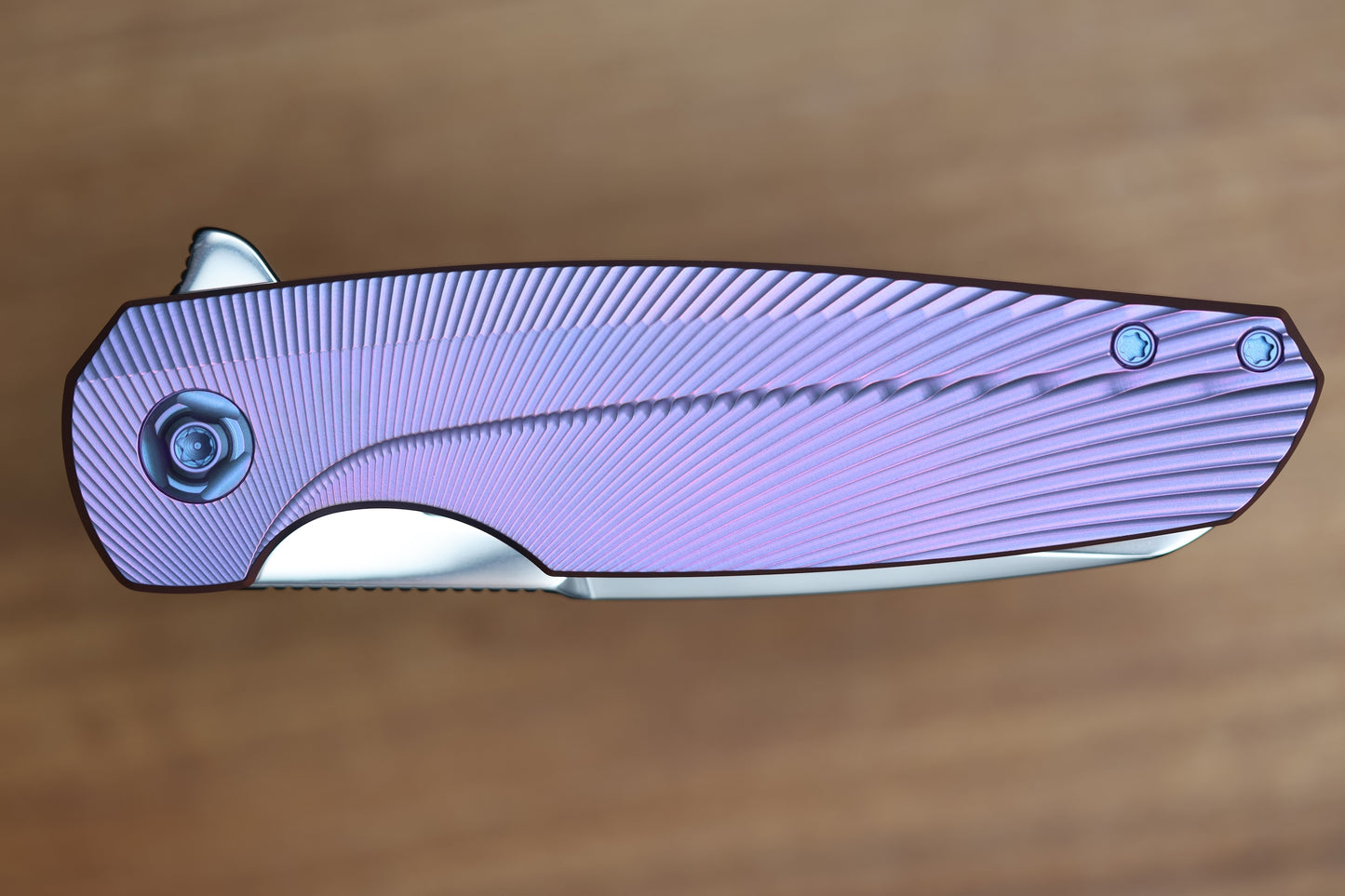 HOLT BLADEWORKS HAPTIC W/ TITANIUM BURNISHED BENT STARBURST HANDLES & BOHLER M390 NEAR MIRROR  #1319