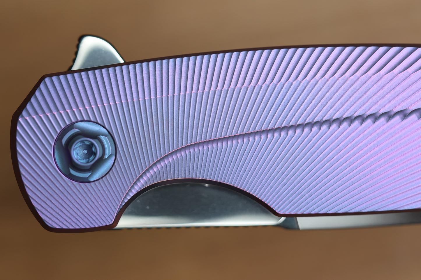 HOLT BLADEWORKS HAPTIC W/ TITANIUM BURNISHED BENT STARBURST HANDLES & BOHLER M390 NEAR MIRROR  #1319