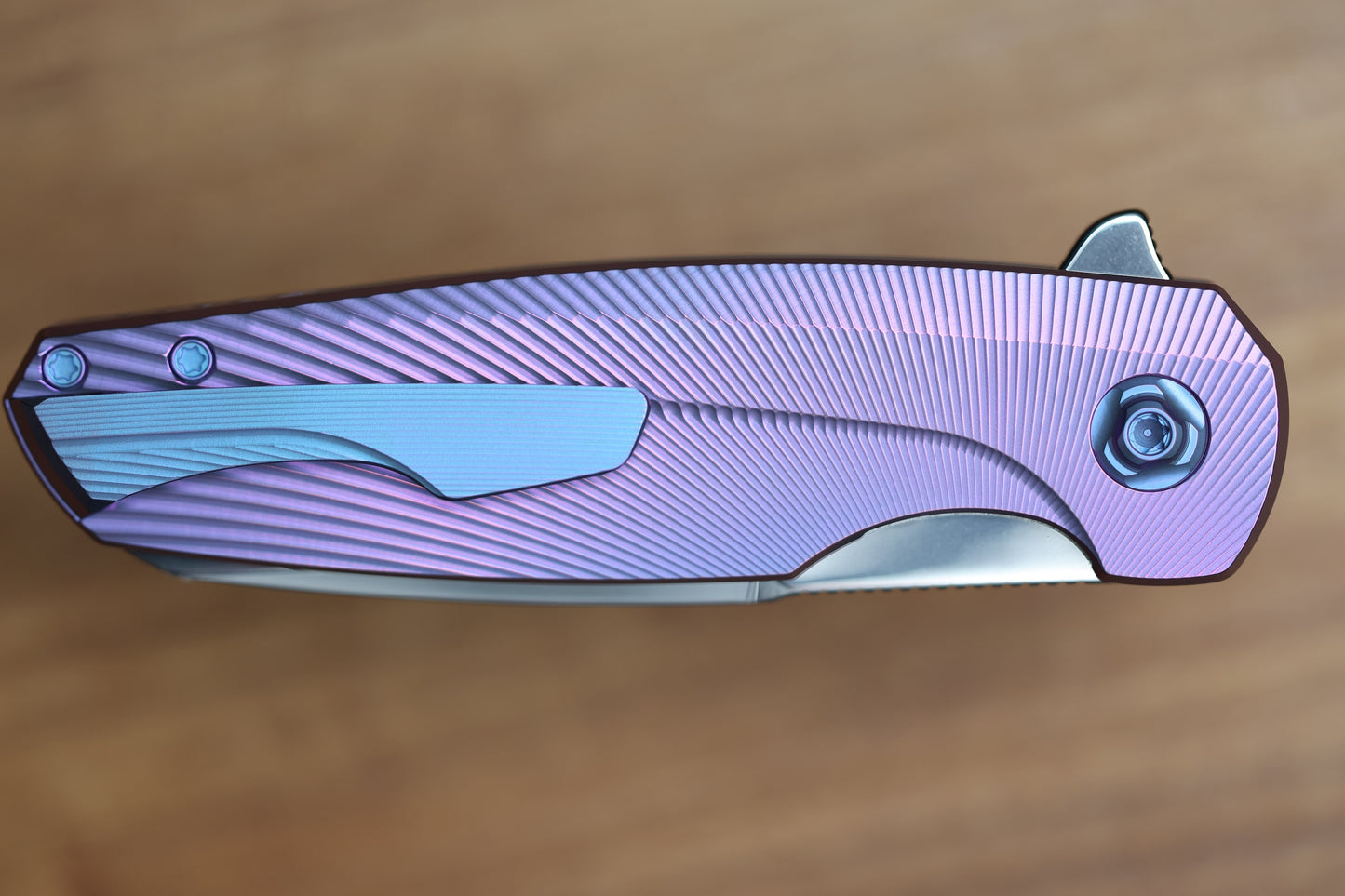 HOLT BLADEWORKS HAPTIC W/ TITANIUM BURNISHED BENT STARBURST HANDLES & BOHLER M390 NEAR MIRROR  #1319