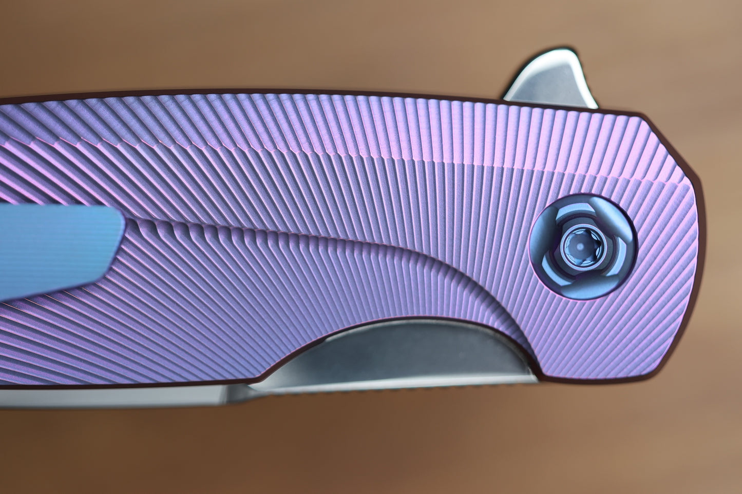HOLT BLADEWORKS HAPTIC W/ TITANIUM BURNISHED BENT STARBURST HANDLES & BOHLER M390 NEAR MIRROR  #1319