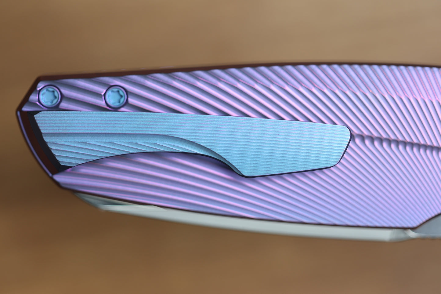 HOLT BLADEWORKS HAPTIC W/ TITANIUM BURNISHED BENT STARBURST HANDLES & BOHLER M390 NEAR MIRROR  #1319