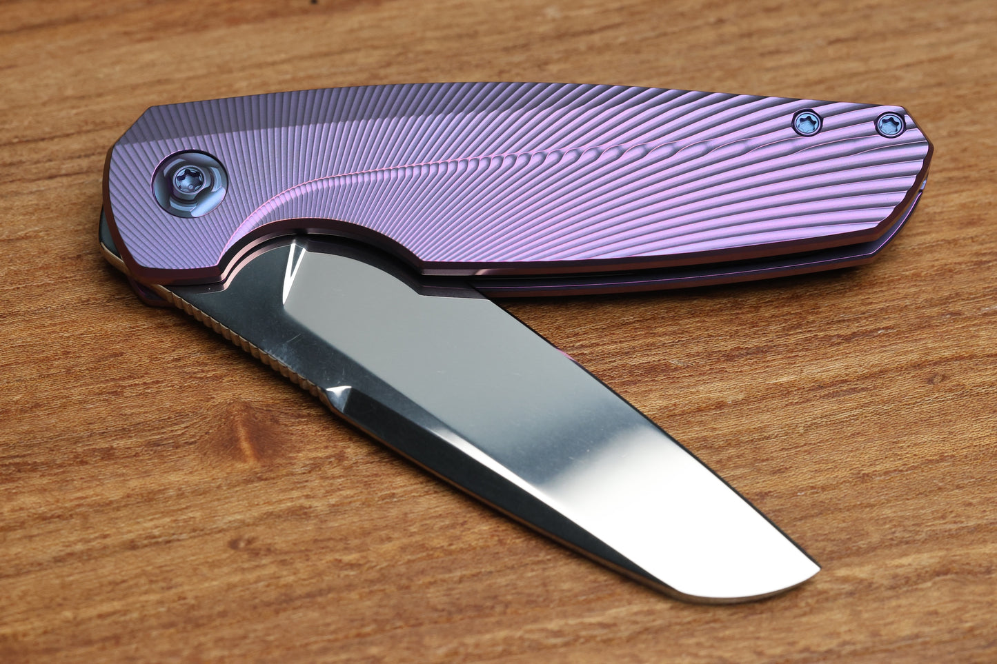 HOLT BLADEWORKS HAPTIC W/ TITANIUM BURNISHED BENT STARBURST HANDLES & BOHLER M390 NEAR MIRROR  #1319