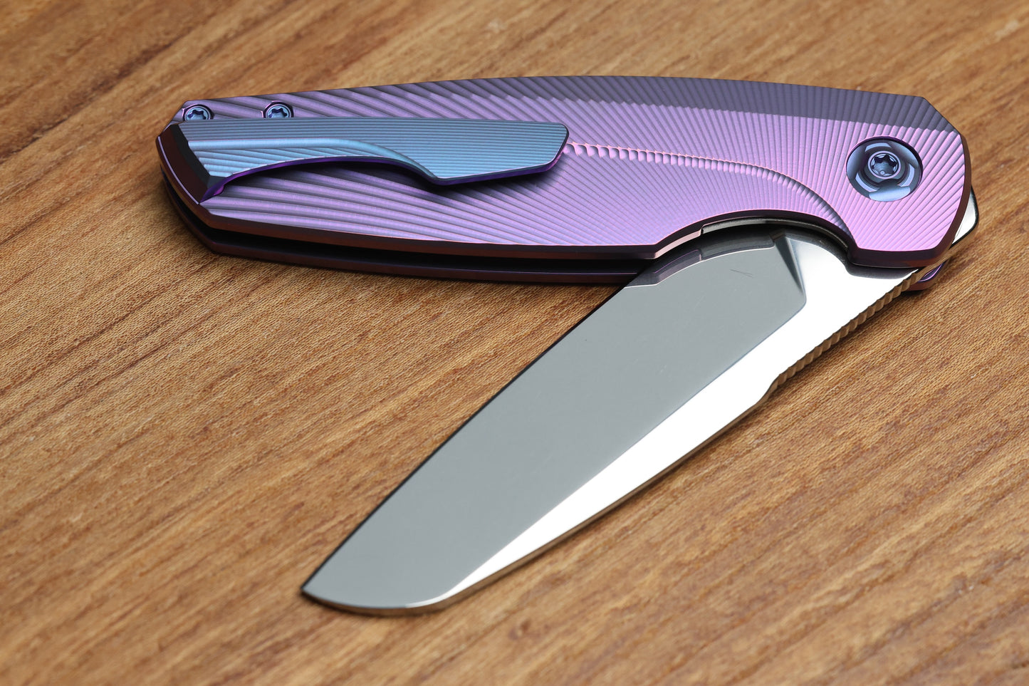 HOLT BLADEWORKS HAPTIC W/ TITANIUM BURNISHED BENT STARBURST HANDLES & BOHLER M390 NEAR MIRROR  #1319