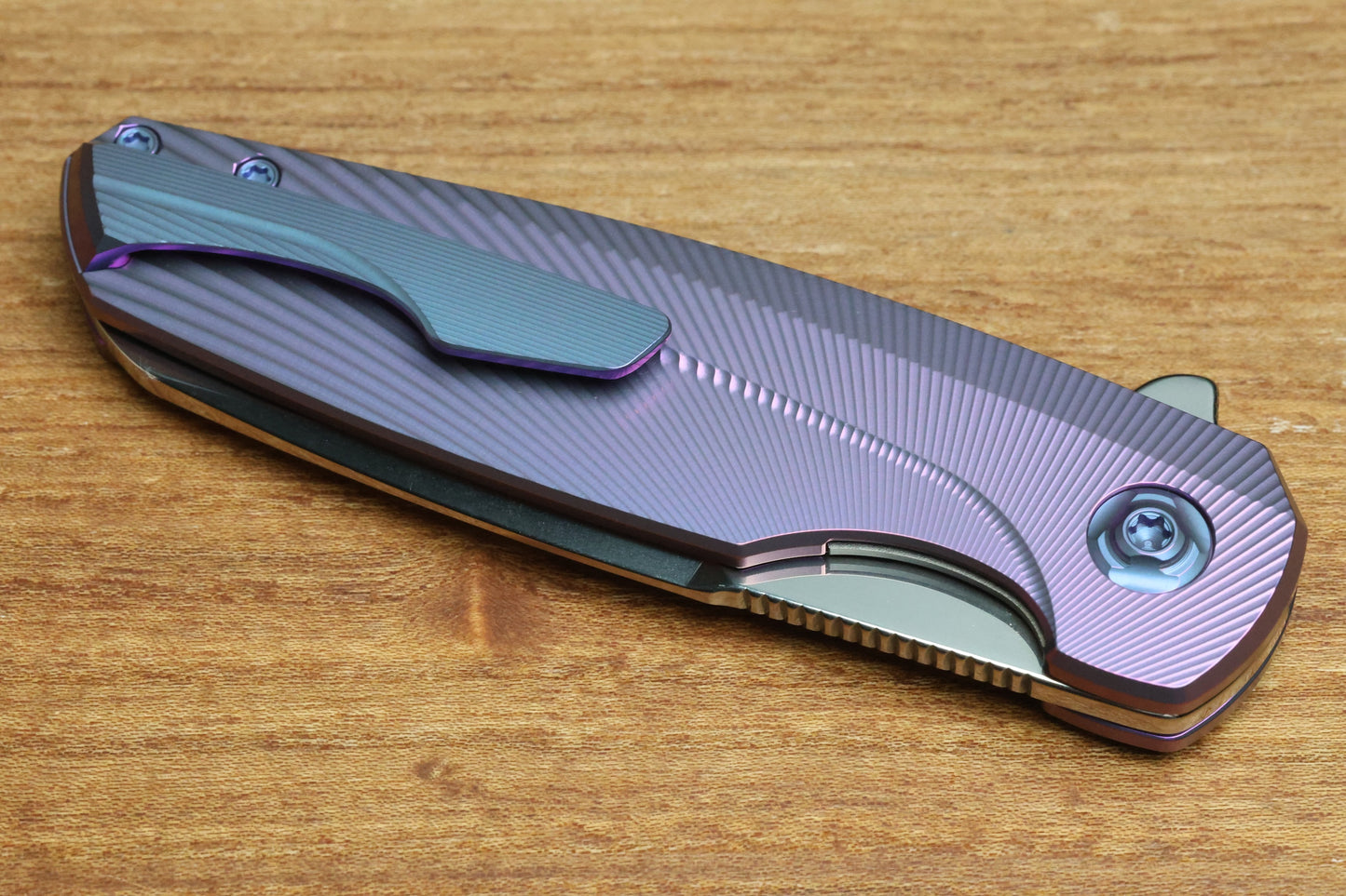 HOLT BLADEWORKS HAPTIC W/ TITANIUM BURNISHED BENT STARBURST HANDLES & BOHLER M390 NEAR MIRROR  #1319