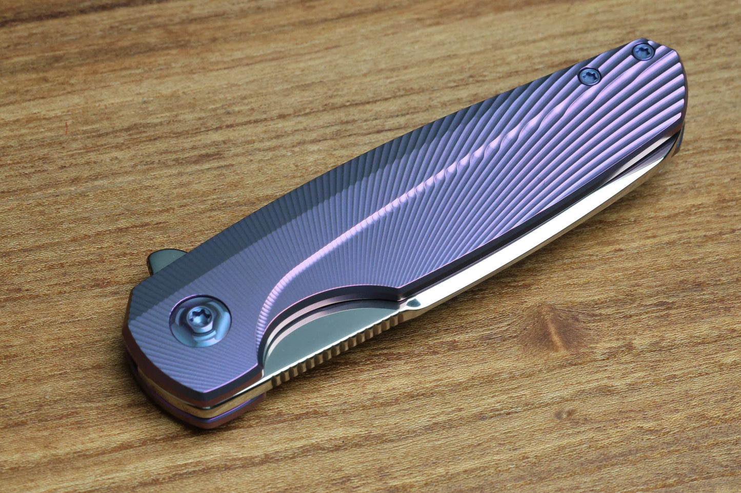 HOLT BLADEWORKS HAPTIC W/ TITANIUM BURNISHED BENT STARBURST HANDLES & BOHLER M390 NEAR MIRROR  #1319