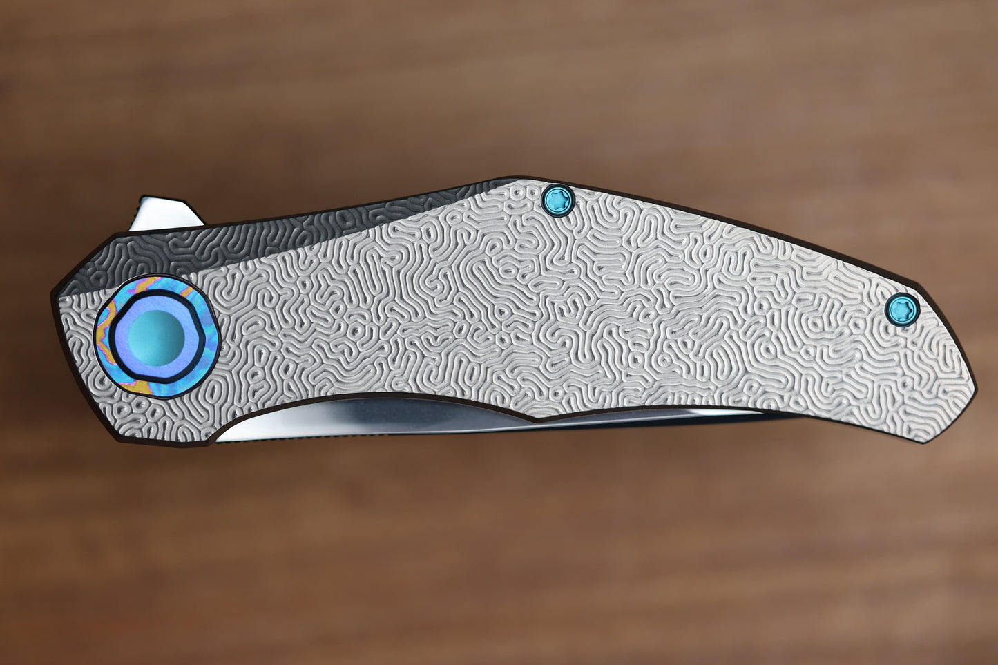 HOLT BLADEWORKS RENEGADE W/ TITANIUM BRAIN CORAL BURNISHED HANDLES & BOHLER M390, NEAR MIRROR #319